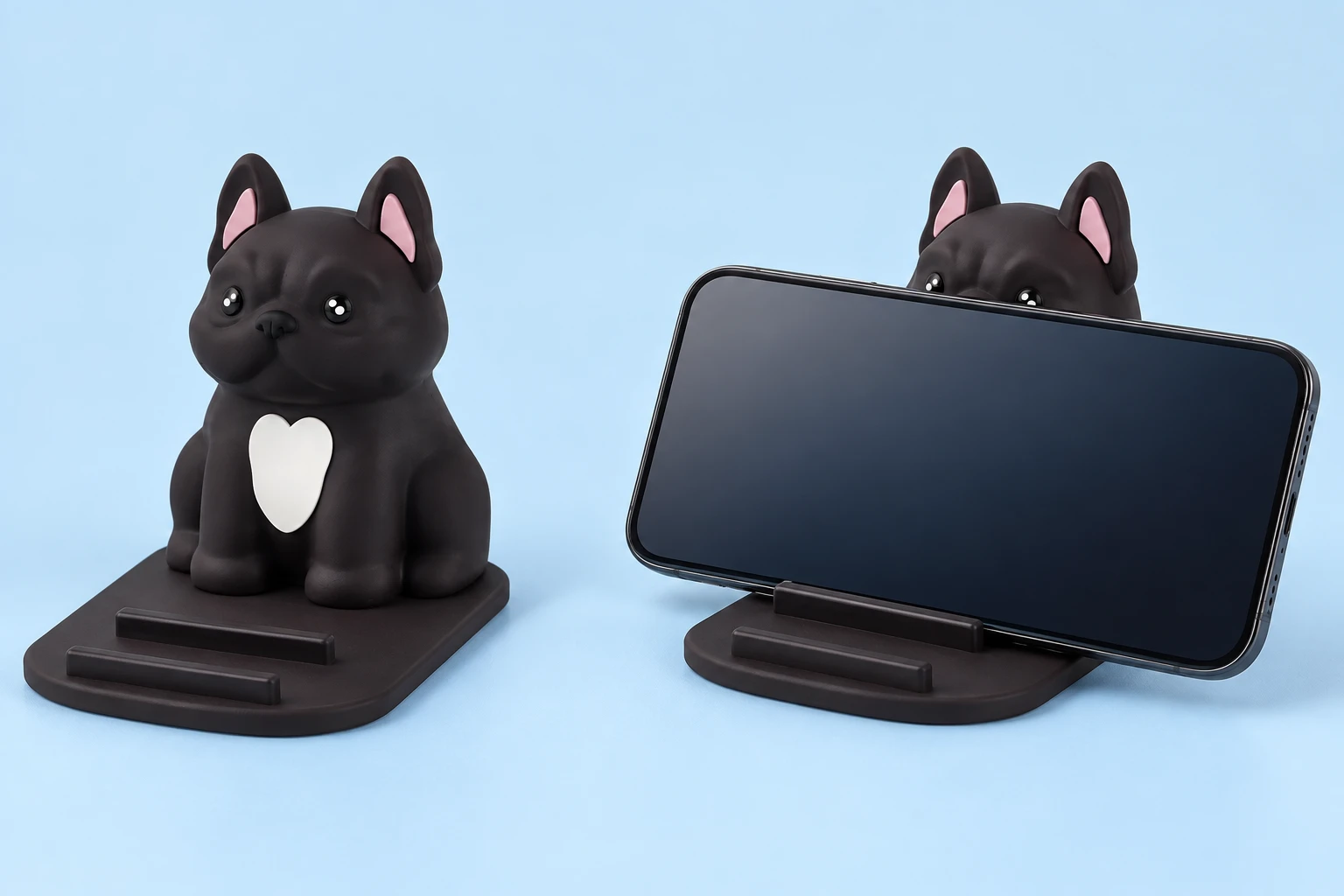 Black French bulldog phone stand with two fixed base stops, shown alone and supporting a landscape phone