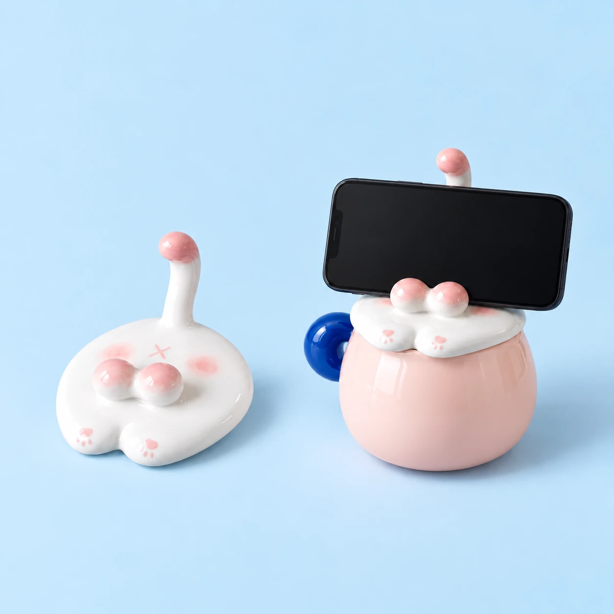 Pink Cat-Tail Ceramic Phone-Rest Mug Lid