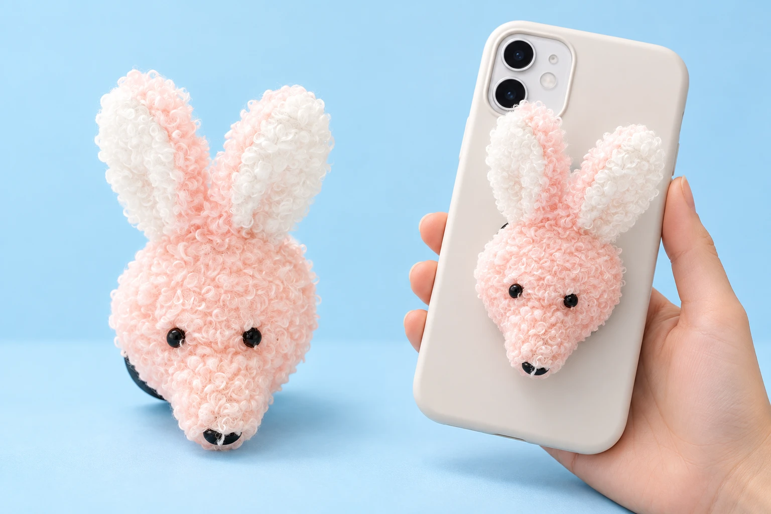 Pastel pink curly plush rabbit-head phone grip shown complete and closed on a hand-held phone case