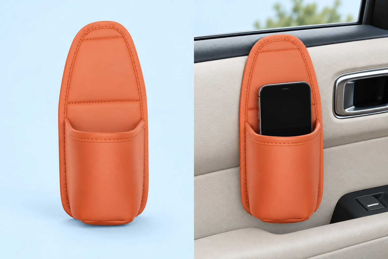 Orange Tall-Back Door Phone Pocket; product and illustrative use on pale blue. Phone and scene props excluded.
