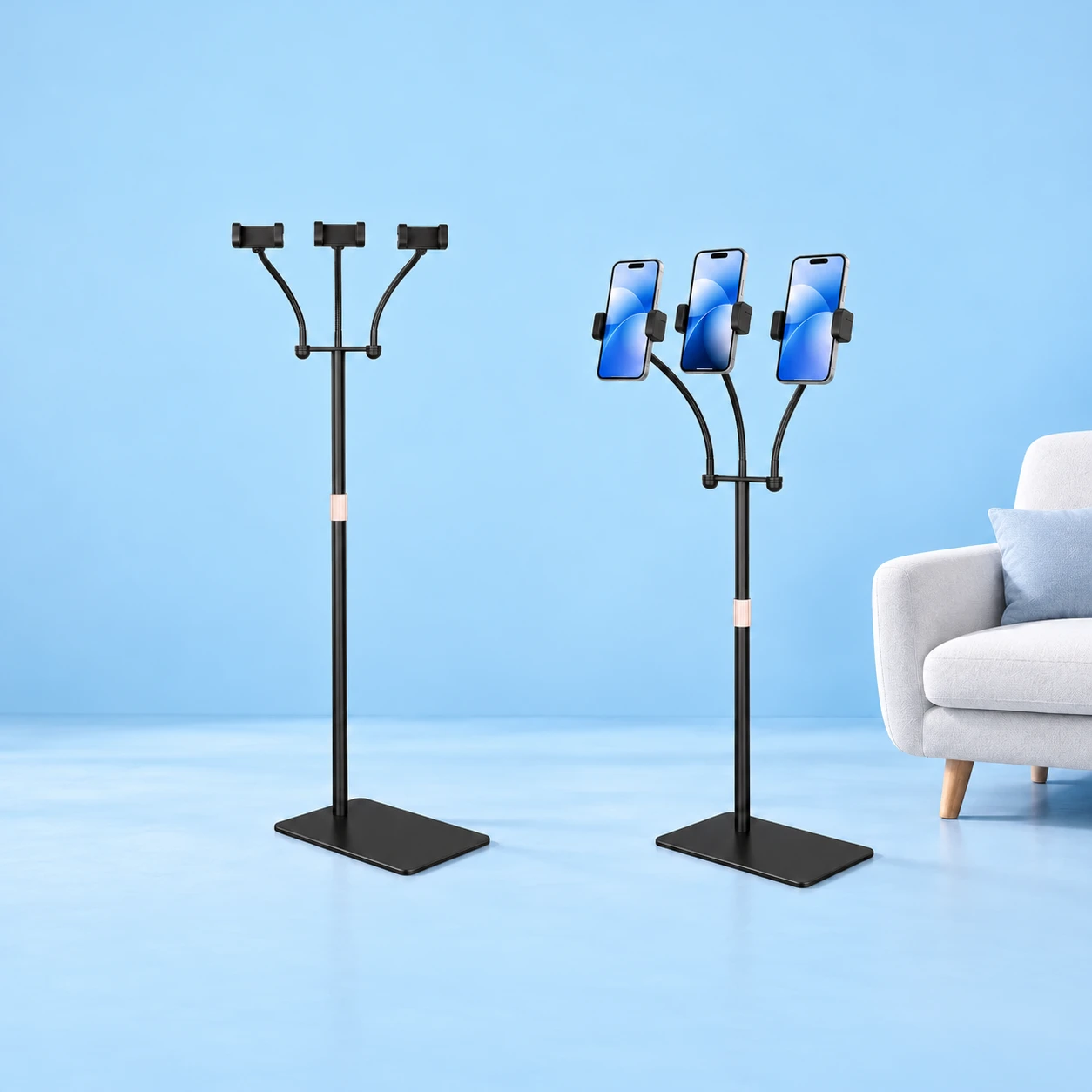 Black Three-Neck Phone Floor Stand; product and illustrative use on pale blue. Phone and scene props excluded., square composition