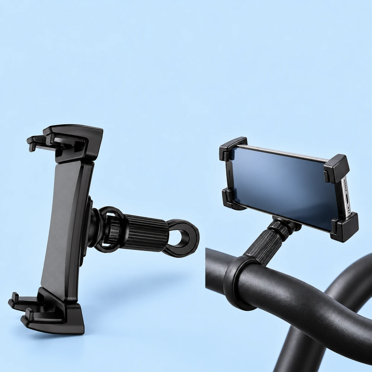 Complete black oval-loop phone holder with opposing C-shaped end jaws, ribbed barrel and original ball connection; empty product left and landscape-phone use on a stationary exercise-machine bar right. Phone and bar are not included., square composition