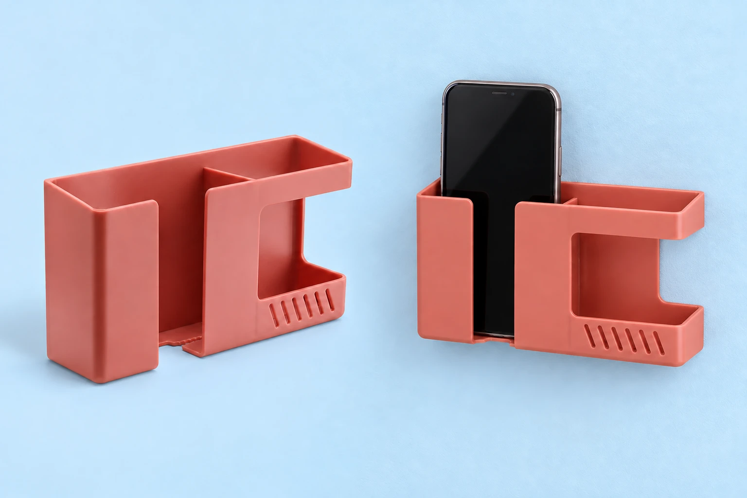 Coral Dual-Compartment Adhesive Wall Phone Pocket