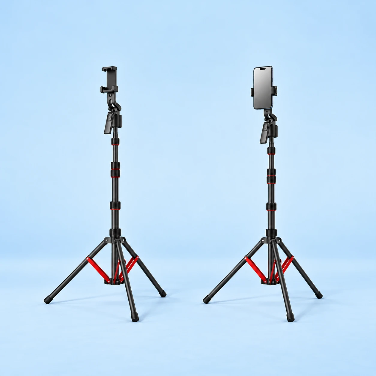 Black AL170FZD Red-Brace Tracking Stand; product and illustrative use on pale blue. Phone and scene props excluded., square composition