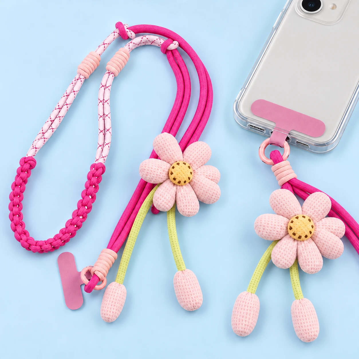Pink Rose Mixed-Cord Flower Phone Lanyard