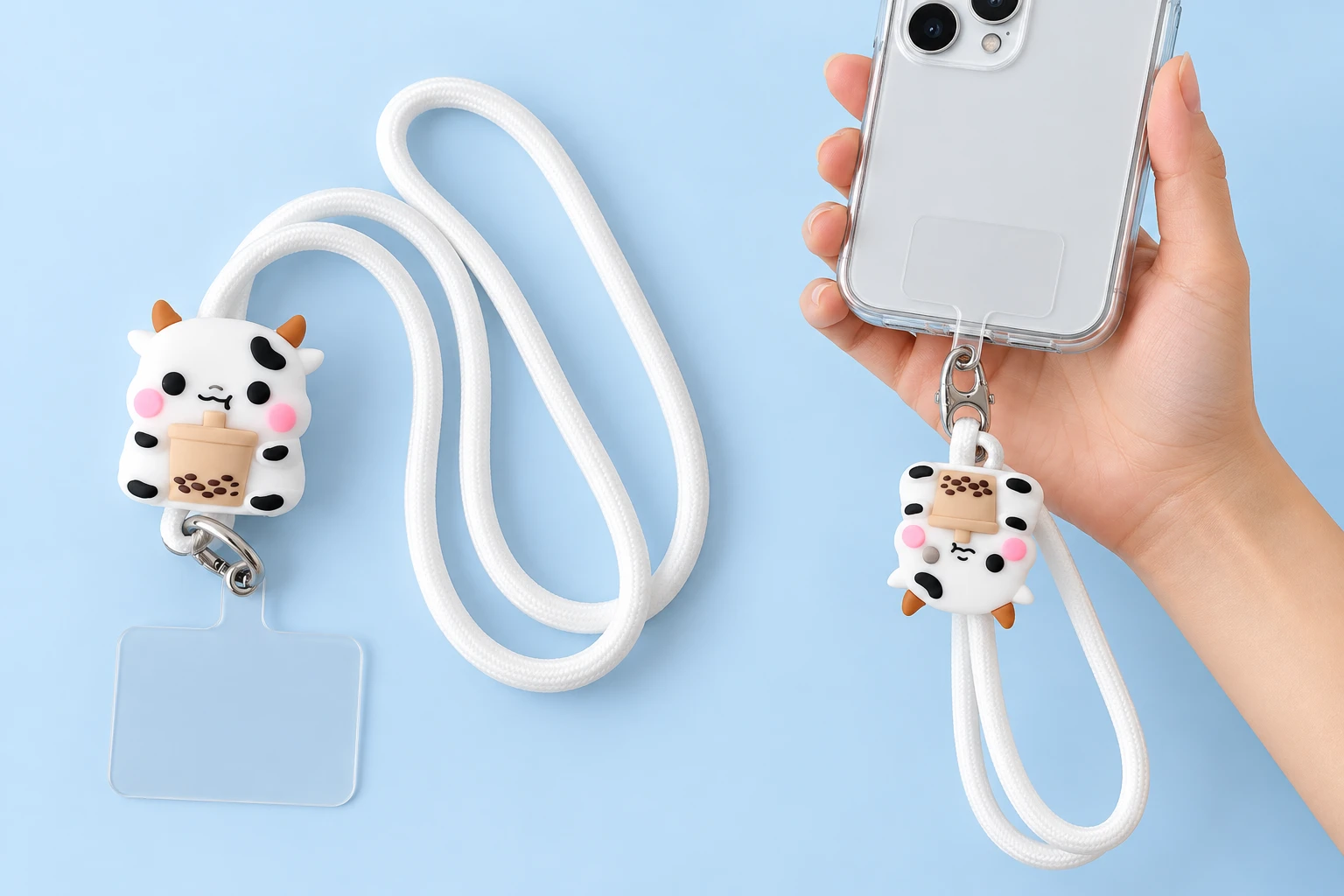 Boba cup cow phone lanyard shown complete with clear case tab and attached to a hand-held phone case