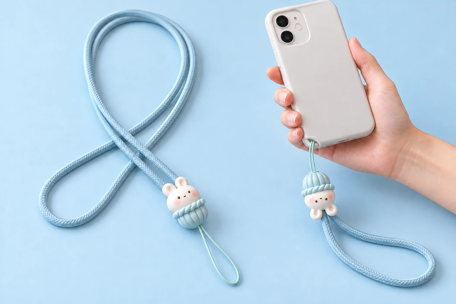 Sky blue long-cord lanyard with molded basket bunny charm and thin case-eyelet tether, shown complete and with a hand-supported phone