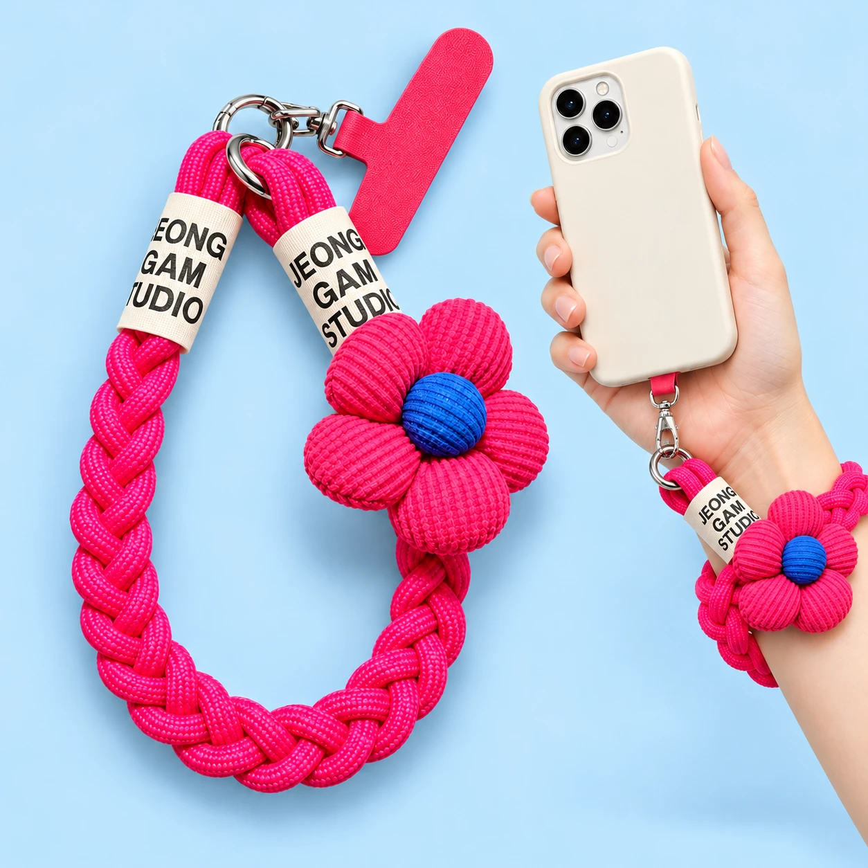 Rose-Red Fabric Flower Braided Wrist Phone Lanyard