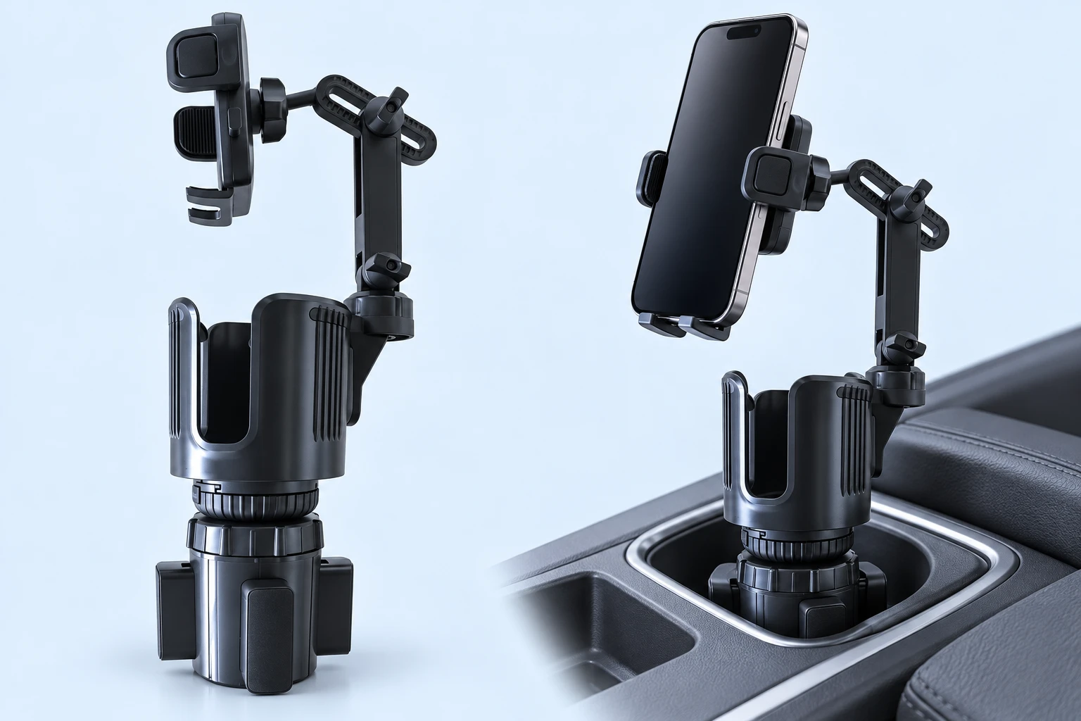 Black Upgraded Four-Block Cup Phone Arm; product and illustrative use on pale blue. Phone and scene props excluded.