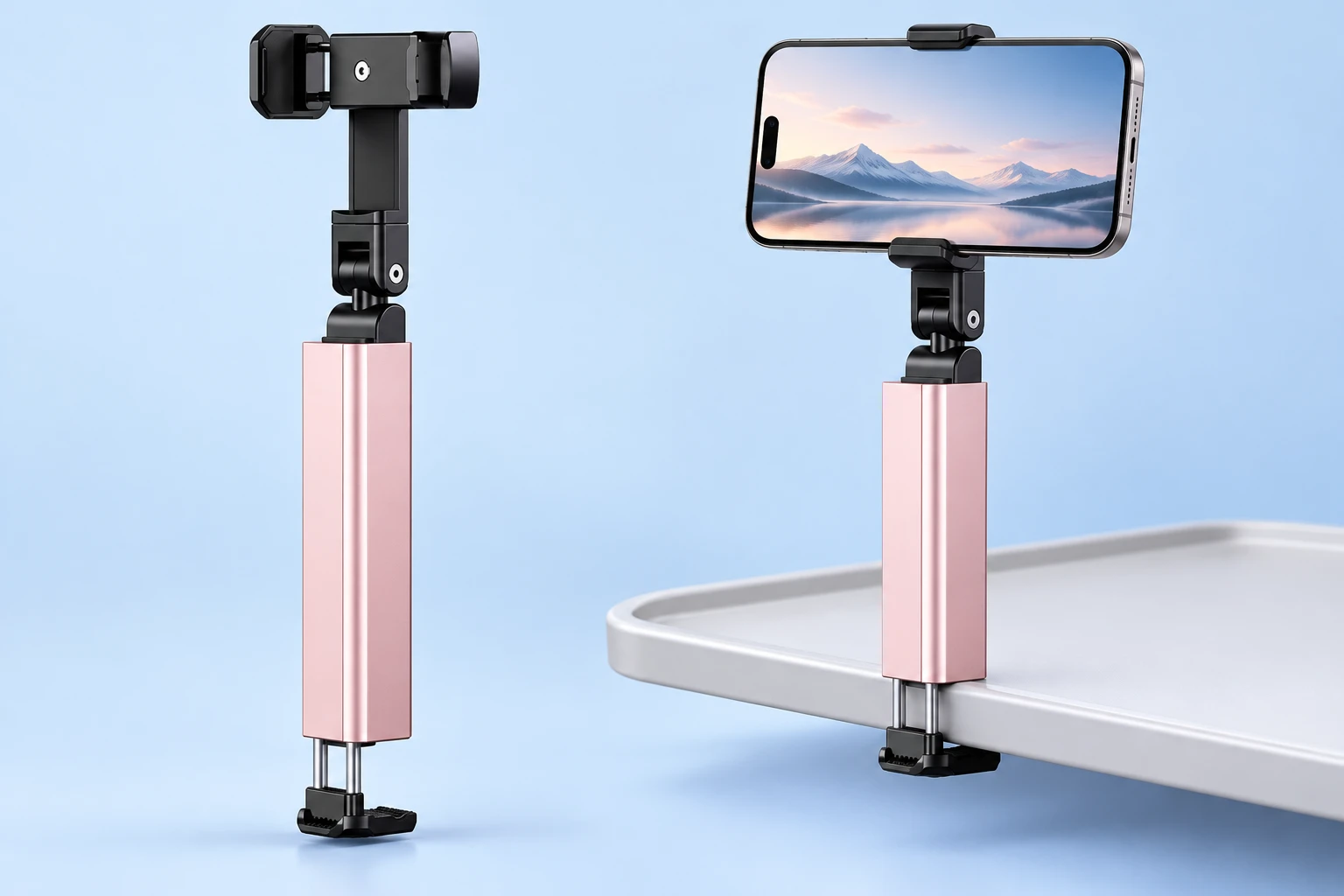 Cherry blossom pink column travel phone clamp with illustrative landscape tray-edge use
