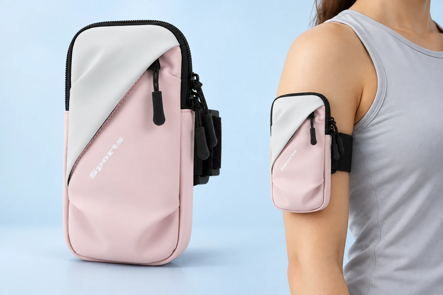 Pink and white diagonal-pocket phone arm pouch shown complete and worn on a stationary adult upper arm