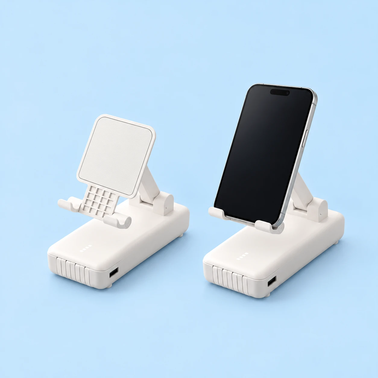 White 1177 Fixed-Hinge Phone Battery Stand; product and illustrative use on pale blue. Phone and scene props excluded., square composition