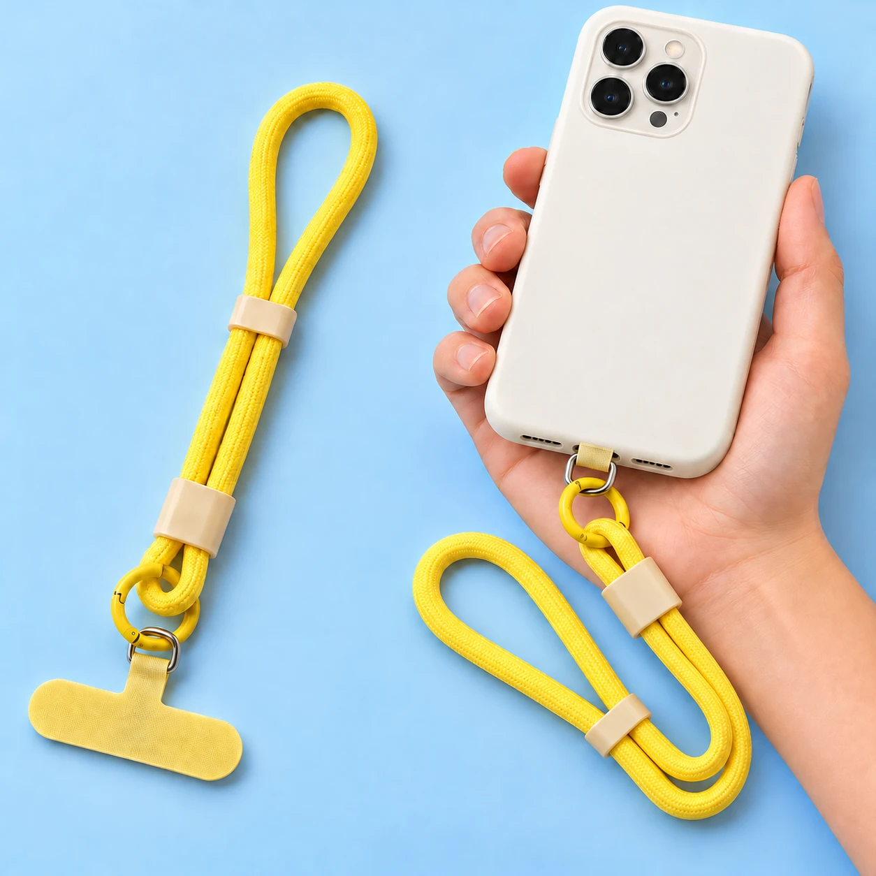 Light-yellow cord wrist strap with separate keeper and lower sleeve, original round gate and fabric case anchor, shown complete and in intended supported-phone use.