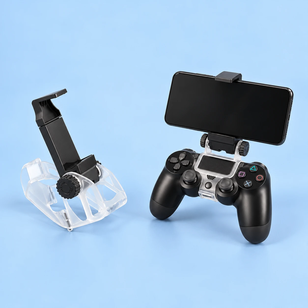 Black Opposed-Jaw Controller Phone Clip with Clear Hinged Saddle