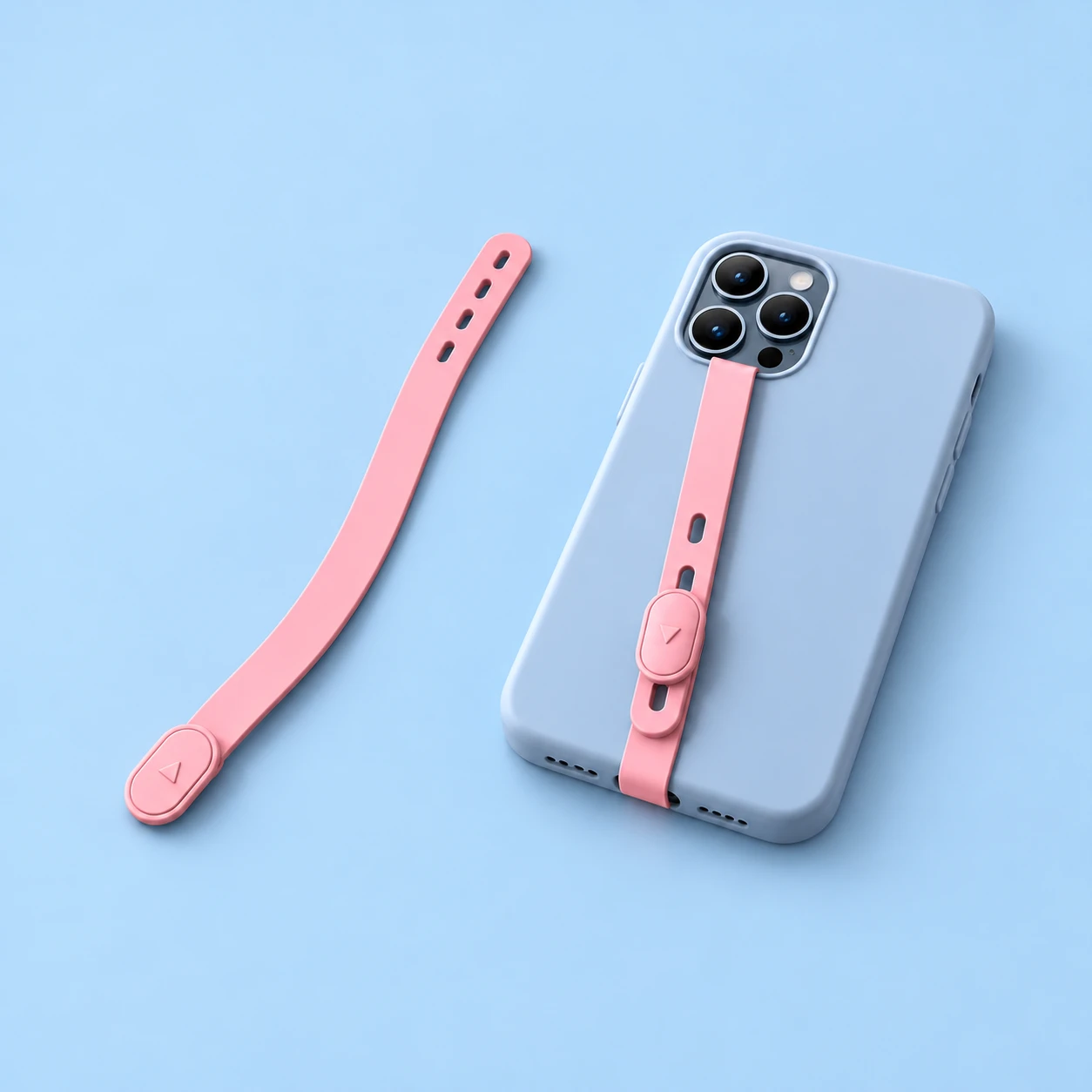 Pink silicone phone grip strap with four adjustment slots and oval button, shown alone and threaded through a compatible case, square composition