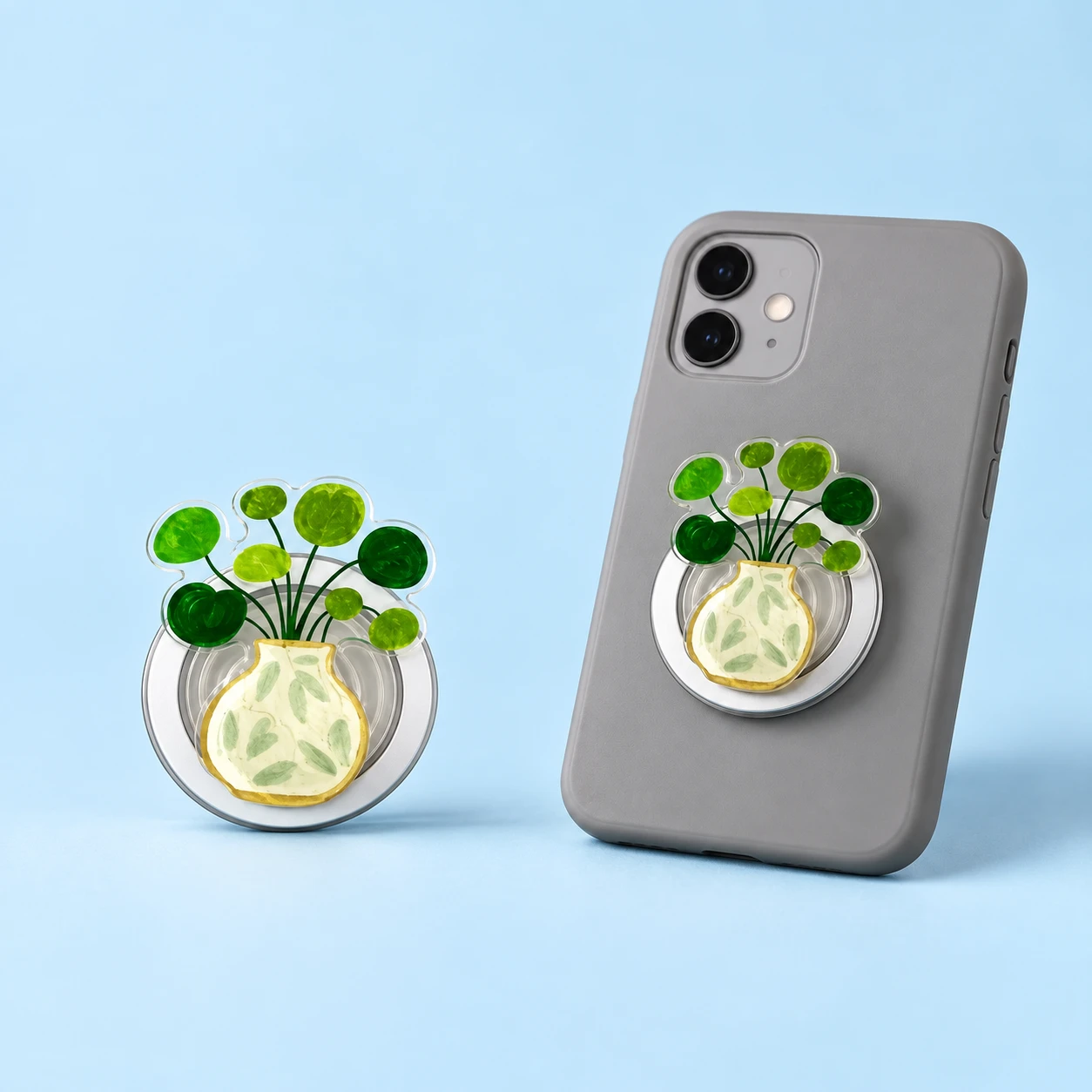 Round-leaf cream vase magnetic expandable phone grip with eight green leaves and closed phone-back placement, square composition