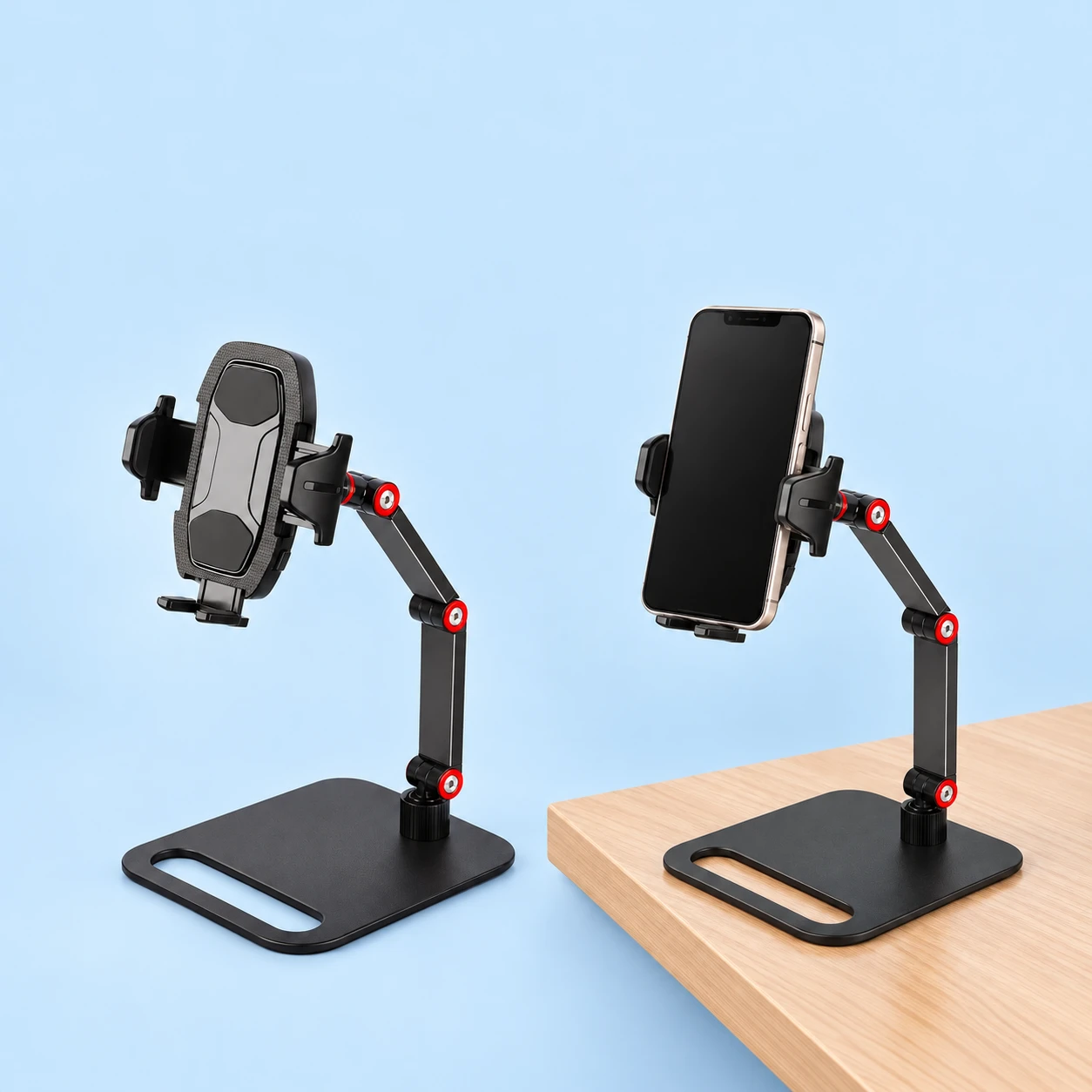 Black Double-Arm Plate-Base Phone Stand; product and illustrative use on pale blue. Phone and scene props excluded., square composition
