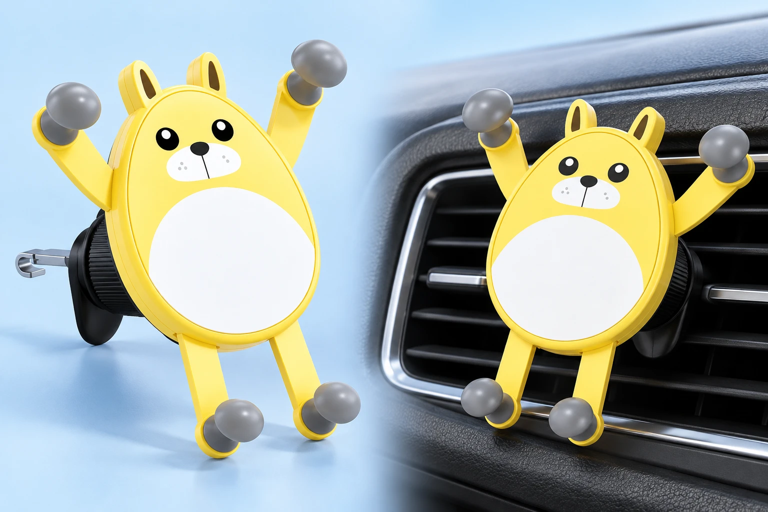 Yellow puppy oval phone holder shown complete with vent hook and mounted empty on a car vent