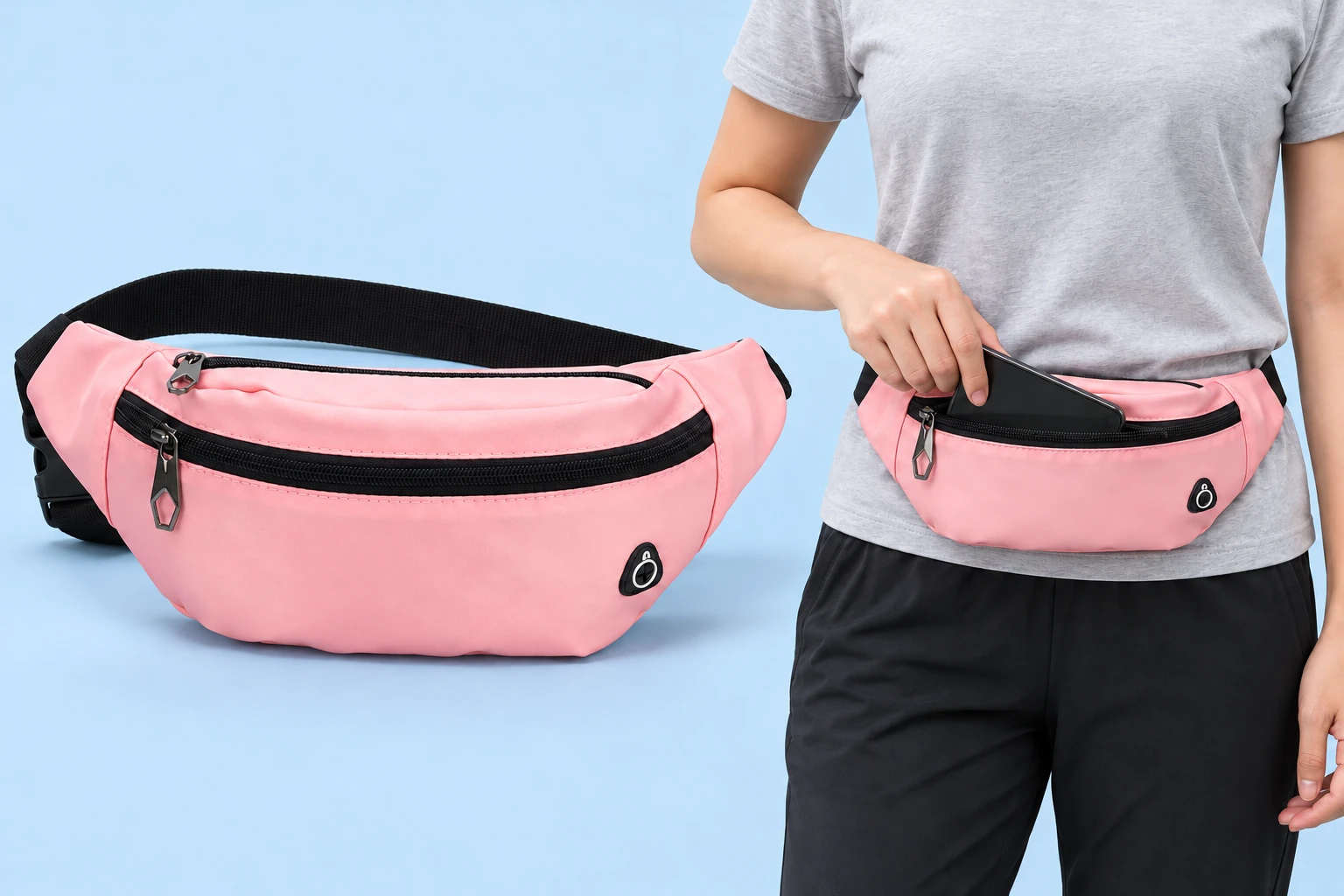 Pastel Pink Crescent Three-Zip Running Phone Belt