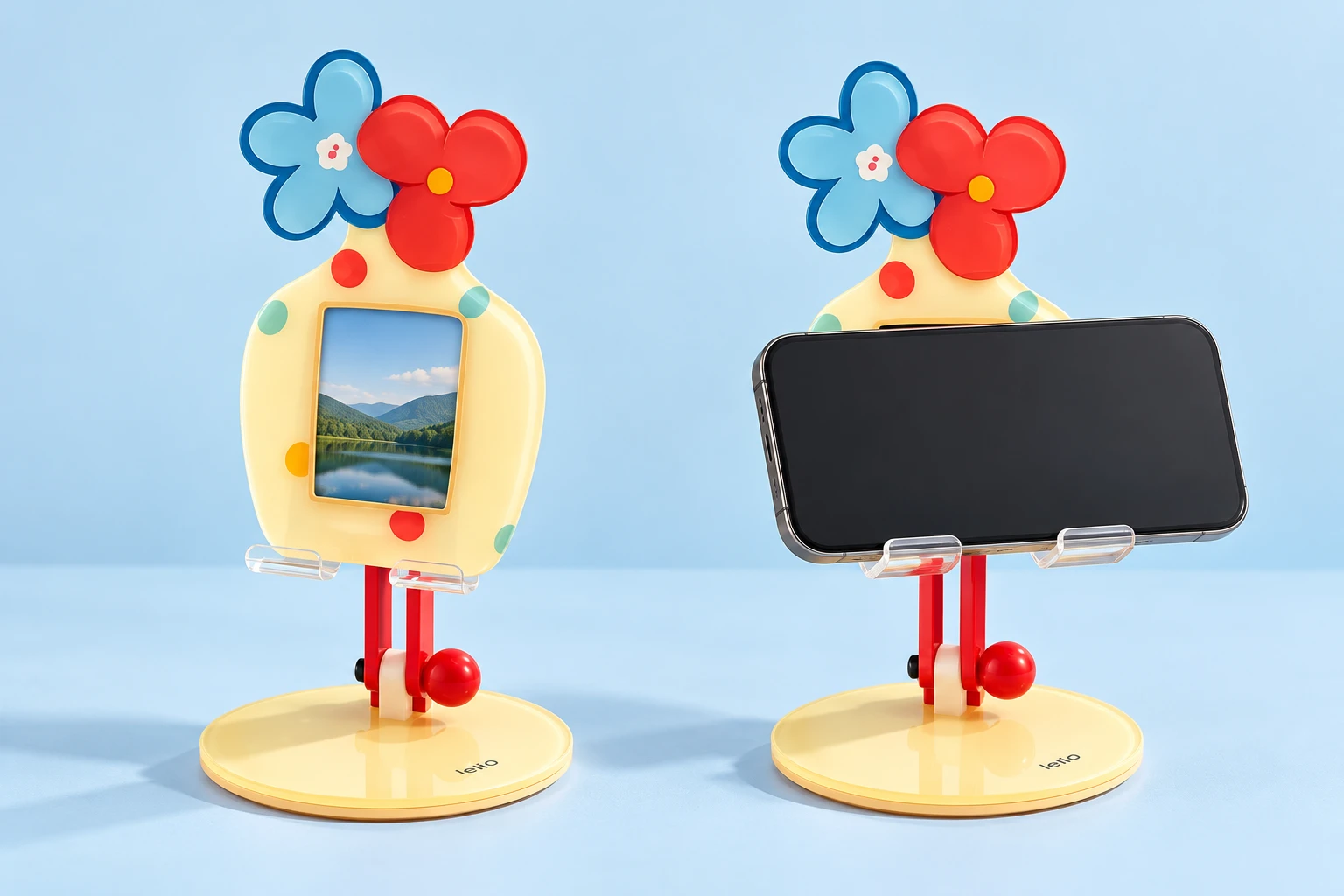 Cream flower-vase photo-frame phone stand with clear twin hooks and illustrative landscape phone support