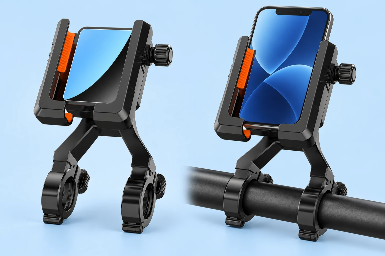 Black and orange dual-ring phone mount shown complete at left and holding a demonstration phone on a stationary round handlebar at right, on a pale blue background.