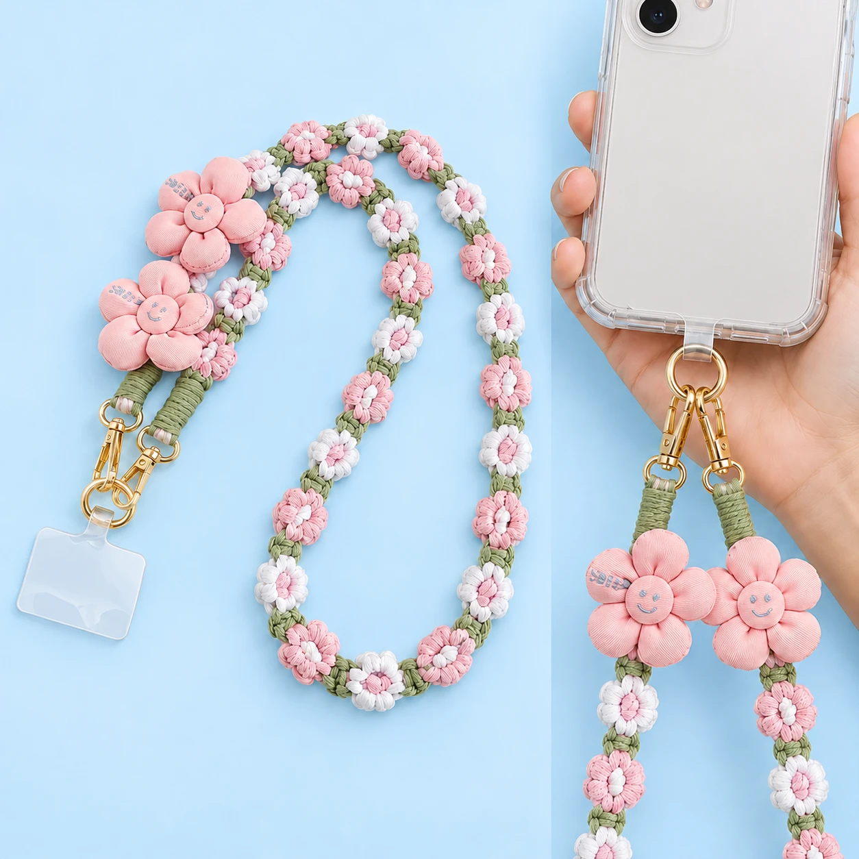 Pastel Pink Green and White Daisy Phone Lanyard