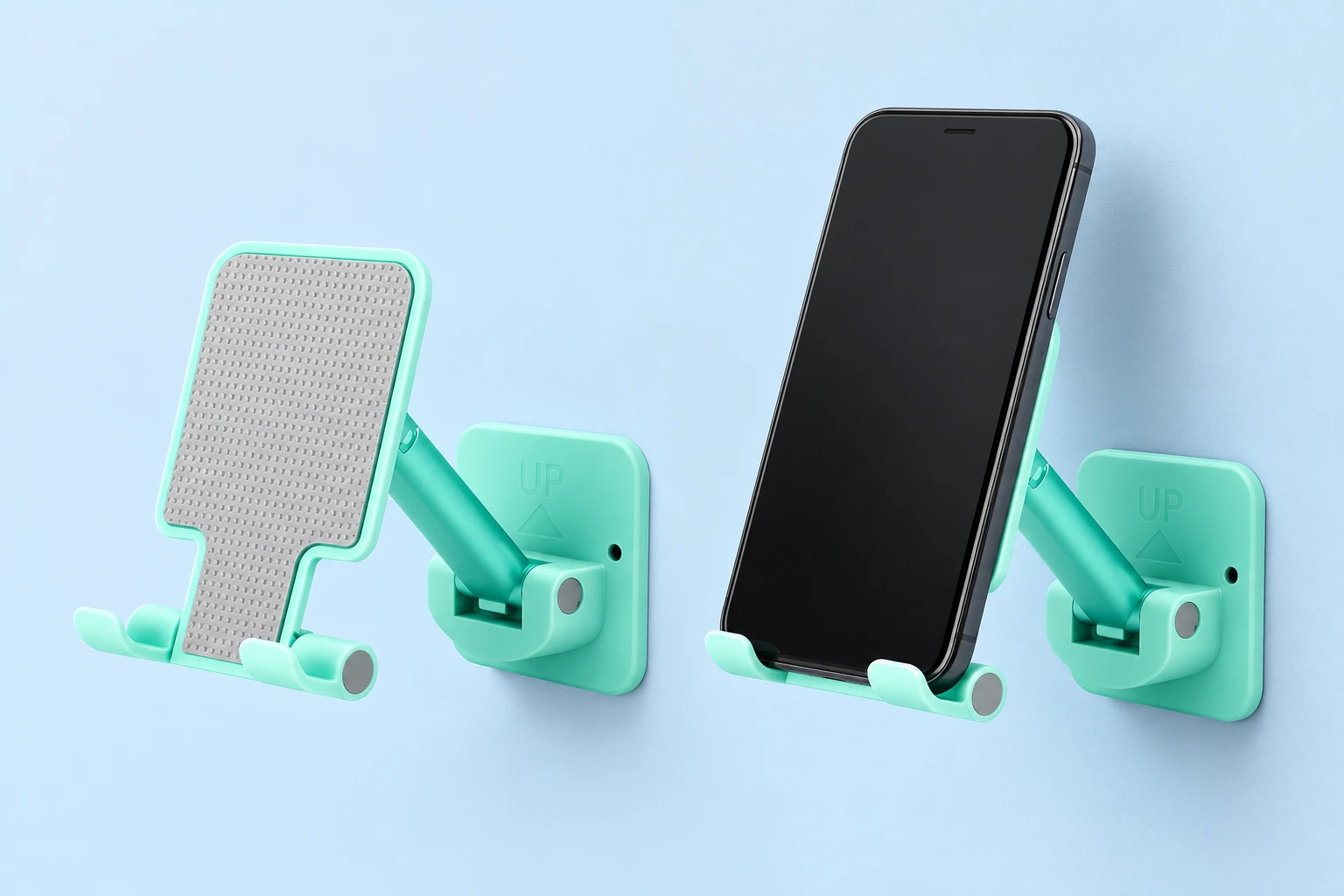 Green K4 Telescoping Wall Phone Cradle; product and illustrative use on pale blue. Phone and scene props excluded.