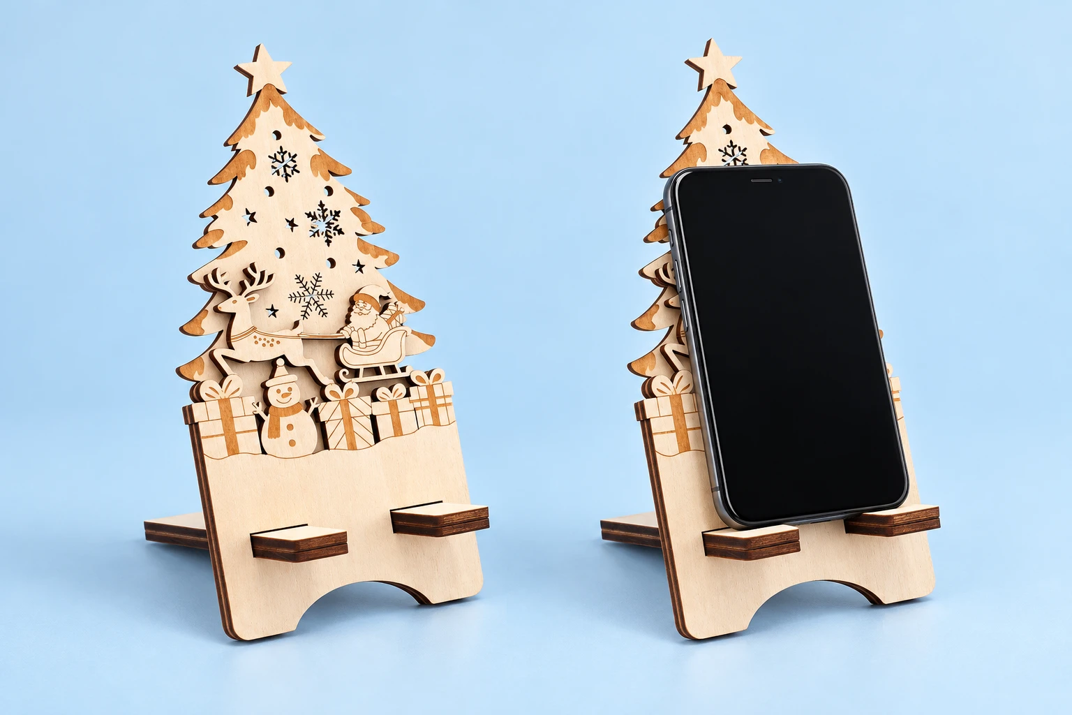 Carved Christmas Tree Wooden Phone Stand