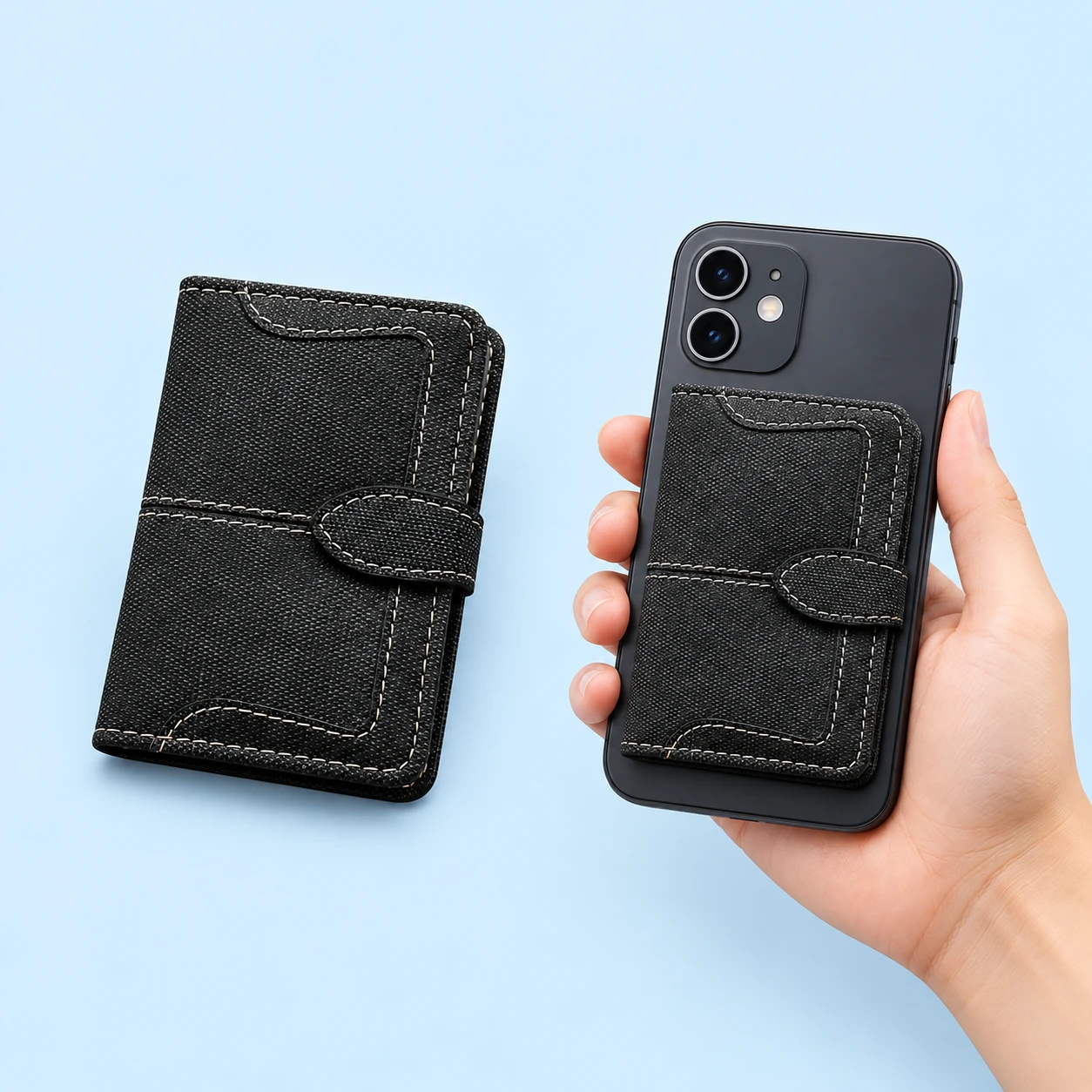 Black Bookfold Phone-Back Wallet; product and illustrative use on pale blue. Phone and scene props excluded., square composition