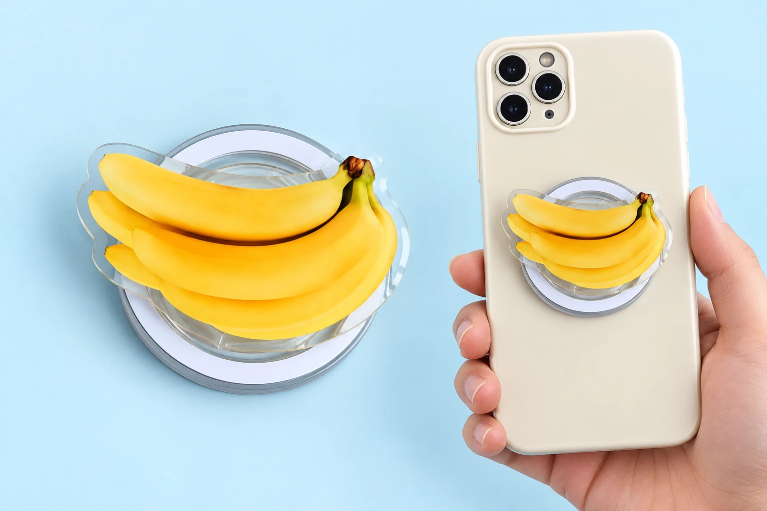 banana die-cut magnetic expandable phone grip and illustrative phone use