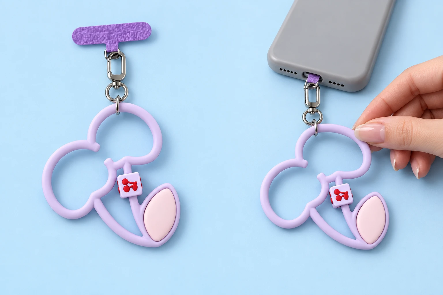 Lilac double-cherry silicone phone lanyard complete with case tab and clasp, plus attached phone illustration
