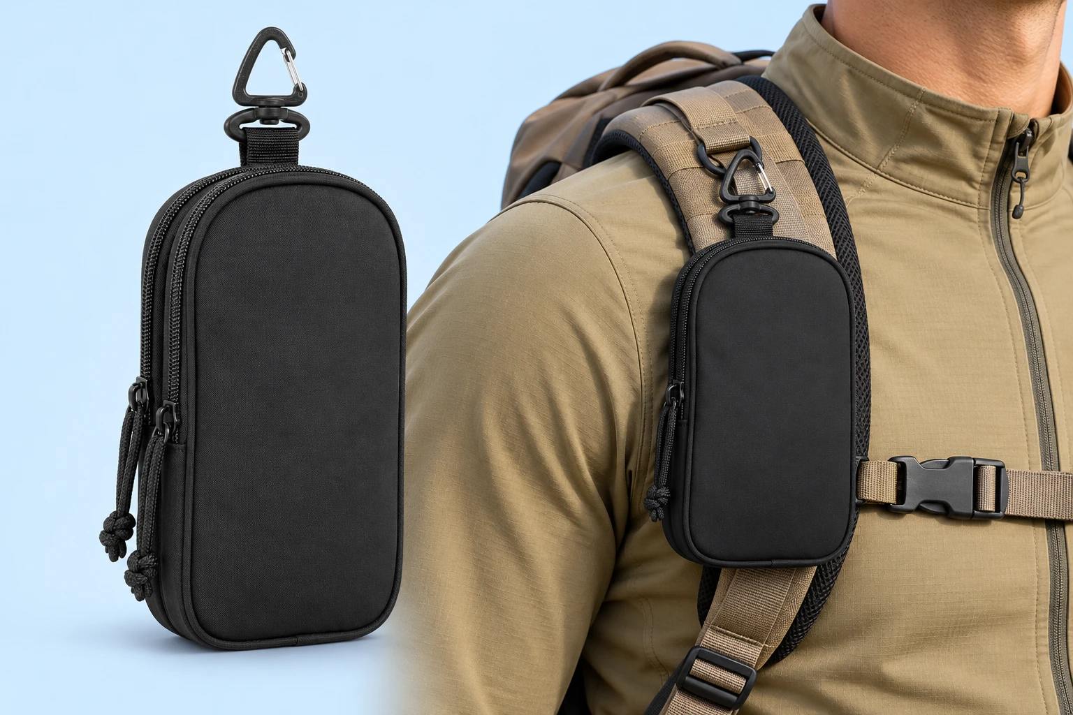 Complete black twin-zip phone pouch with its original triangular swivel clip at left; the same pouch closed on a stationary backpack shoulder strap at right, against pale blue.