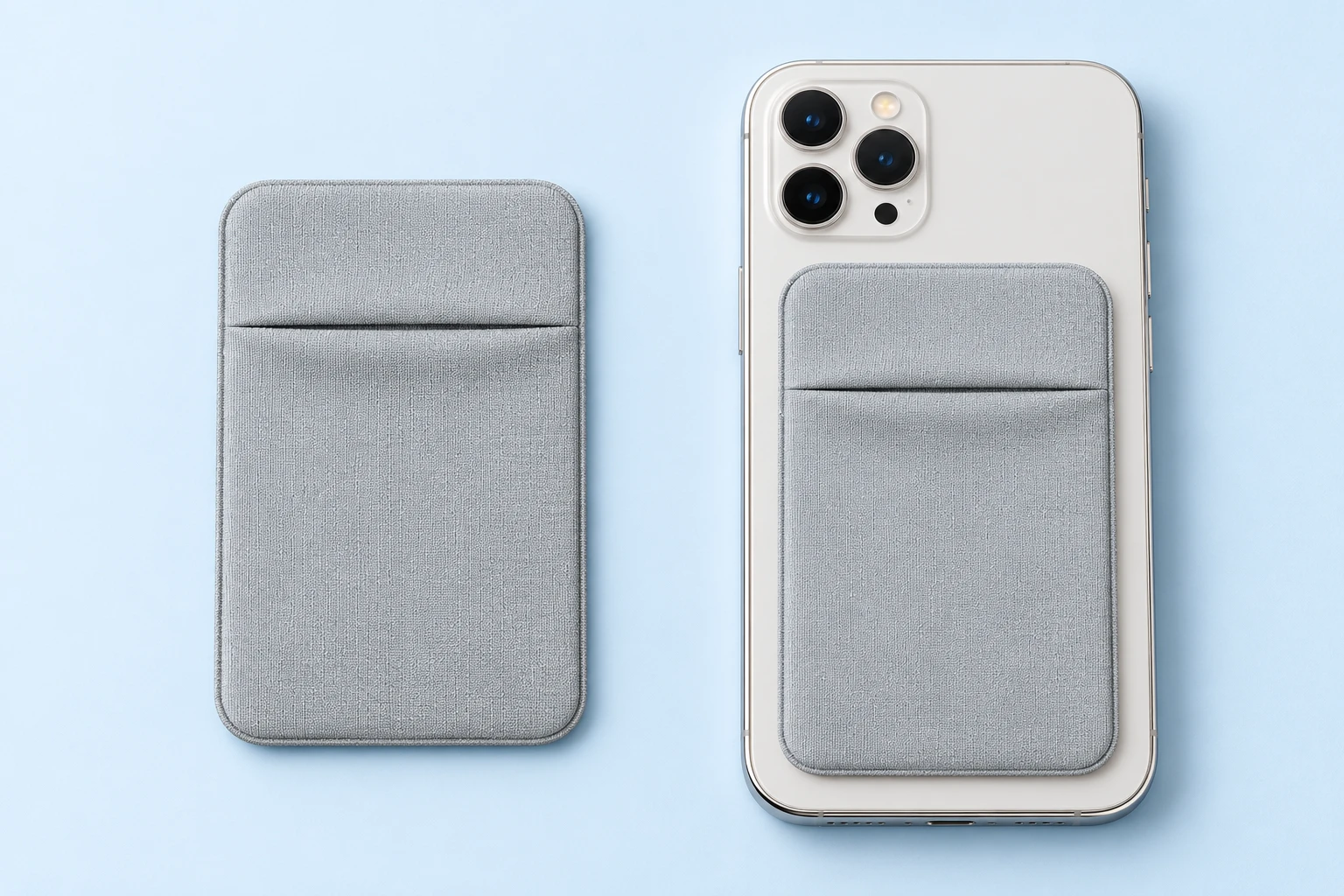 Gray overlap-top phone card pocket shown empty alone and mounted flat on a stationary phone, with the attachment interface hidden
