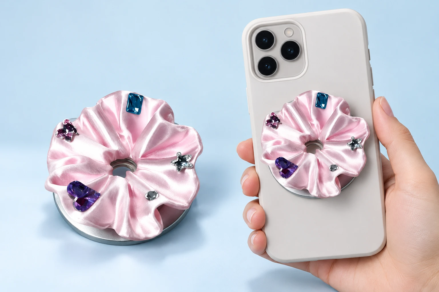 Pastel Pink Jewelled Ruffle Magnetic Phone Grip