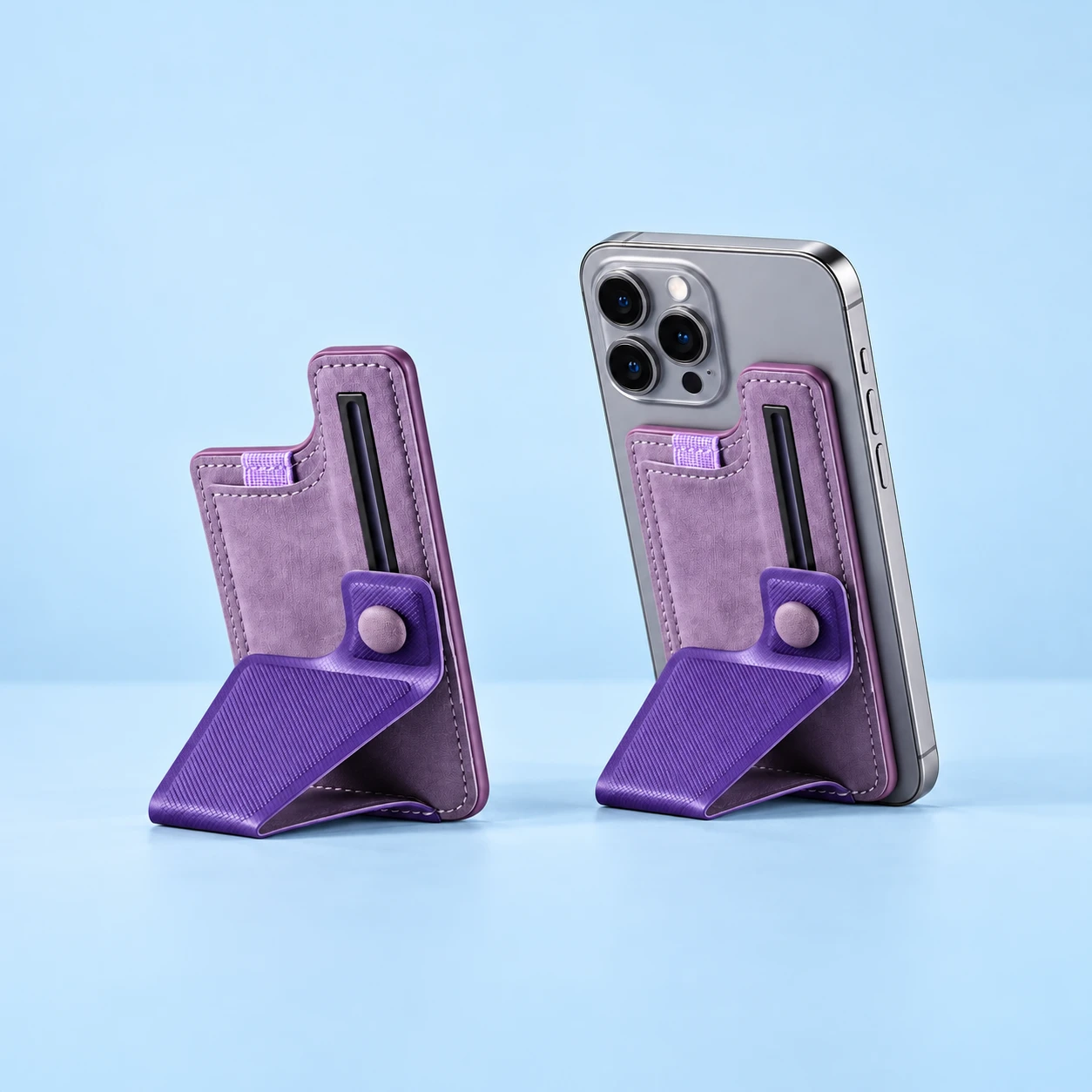Lilac phone-back card wallet with original K-rail folding support, empty and supporting a portrait phone, square composition