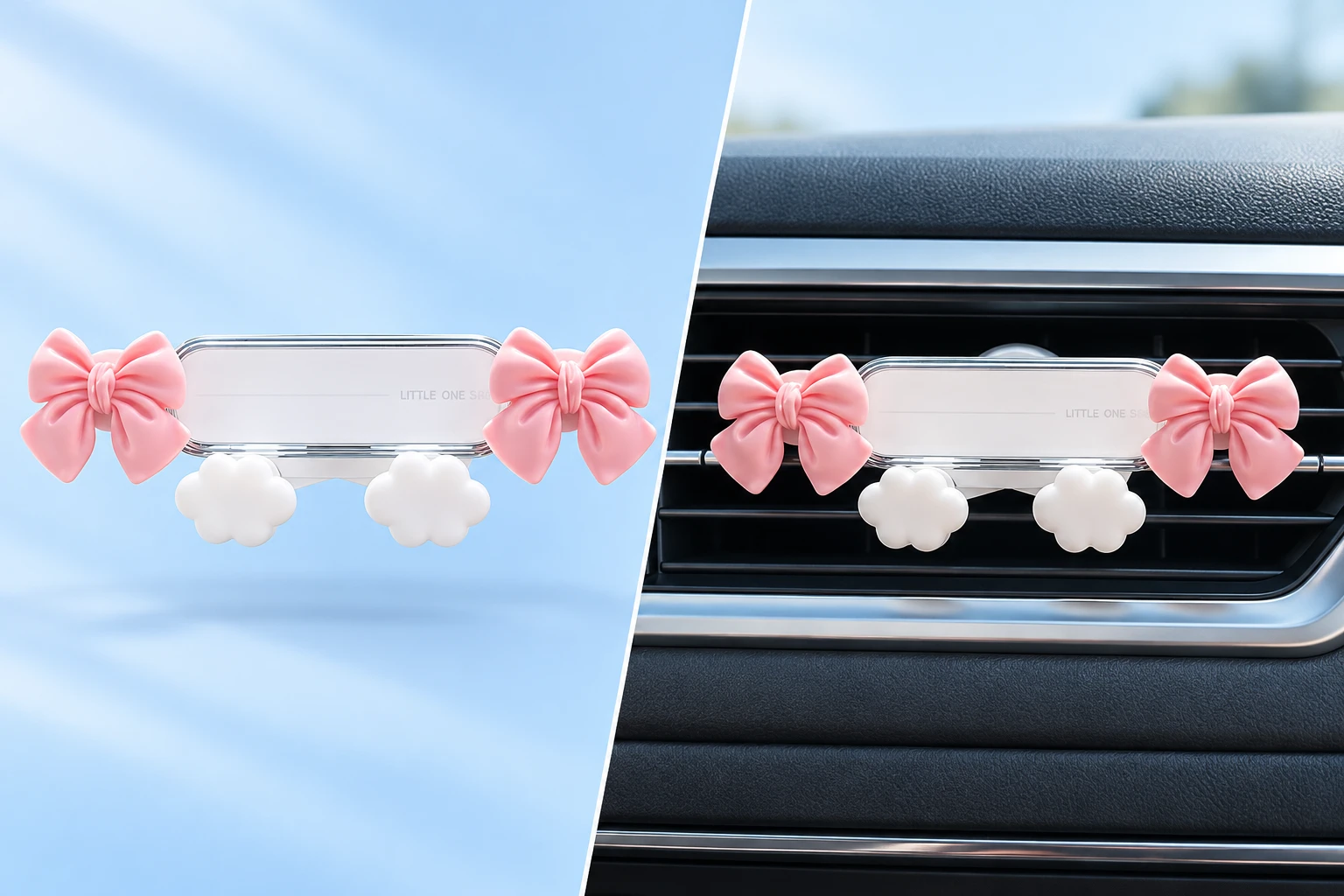 Pink bow and white cloud phone holder with installed-empty car vent illustration