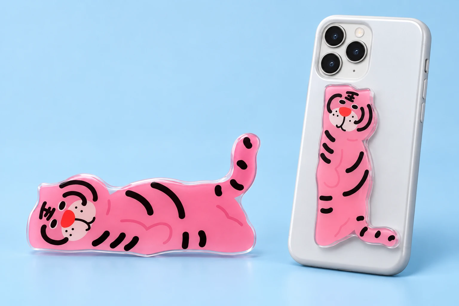 Rose pink reclining tiger folding phone kickstand and closed phone-back placement