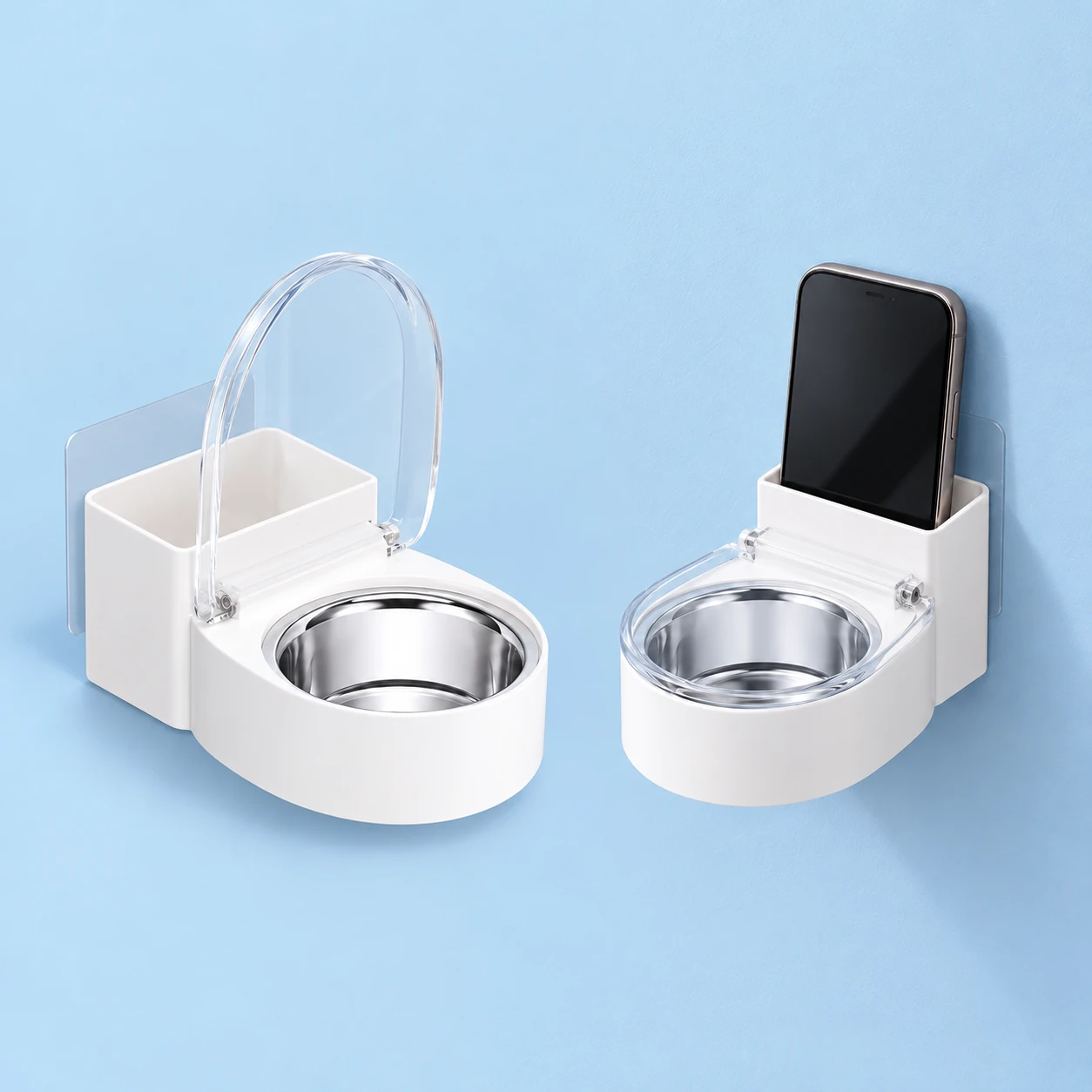 White wall phone pocket with its clear hinged front cover and removable bowl, empty complete holder on the left and a demonstration phone seated in the original rear bay on the right; phone not included., square composition