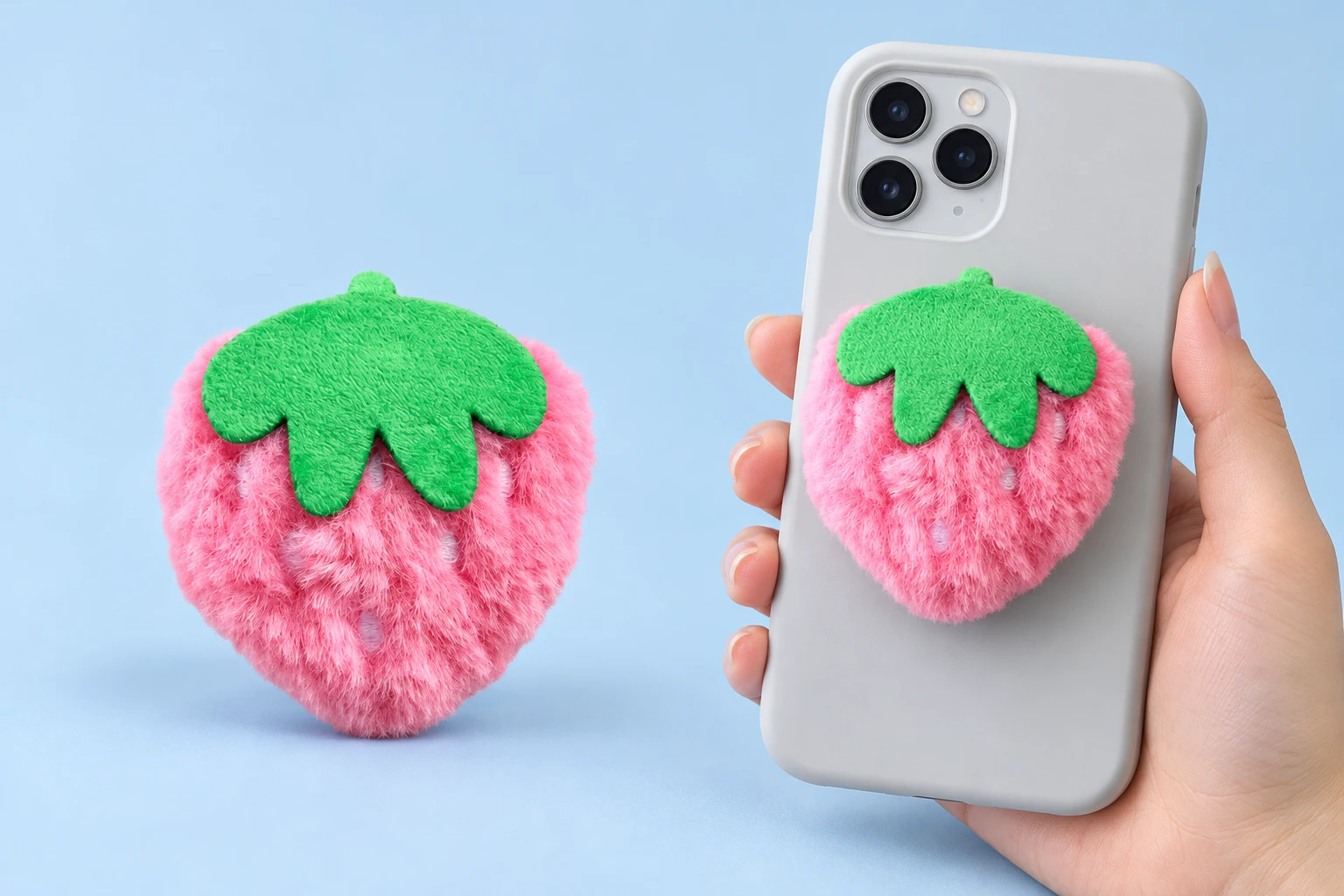 Pink plush strawberry phone grip and conservative closed phone-back placement