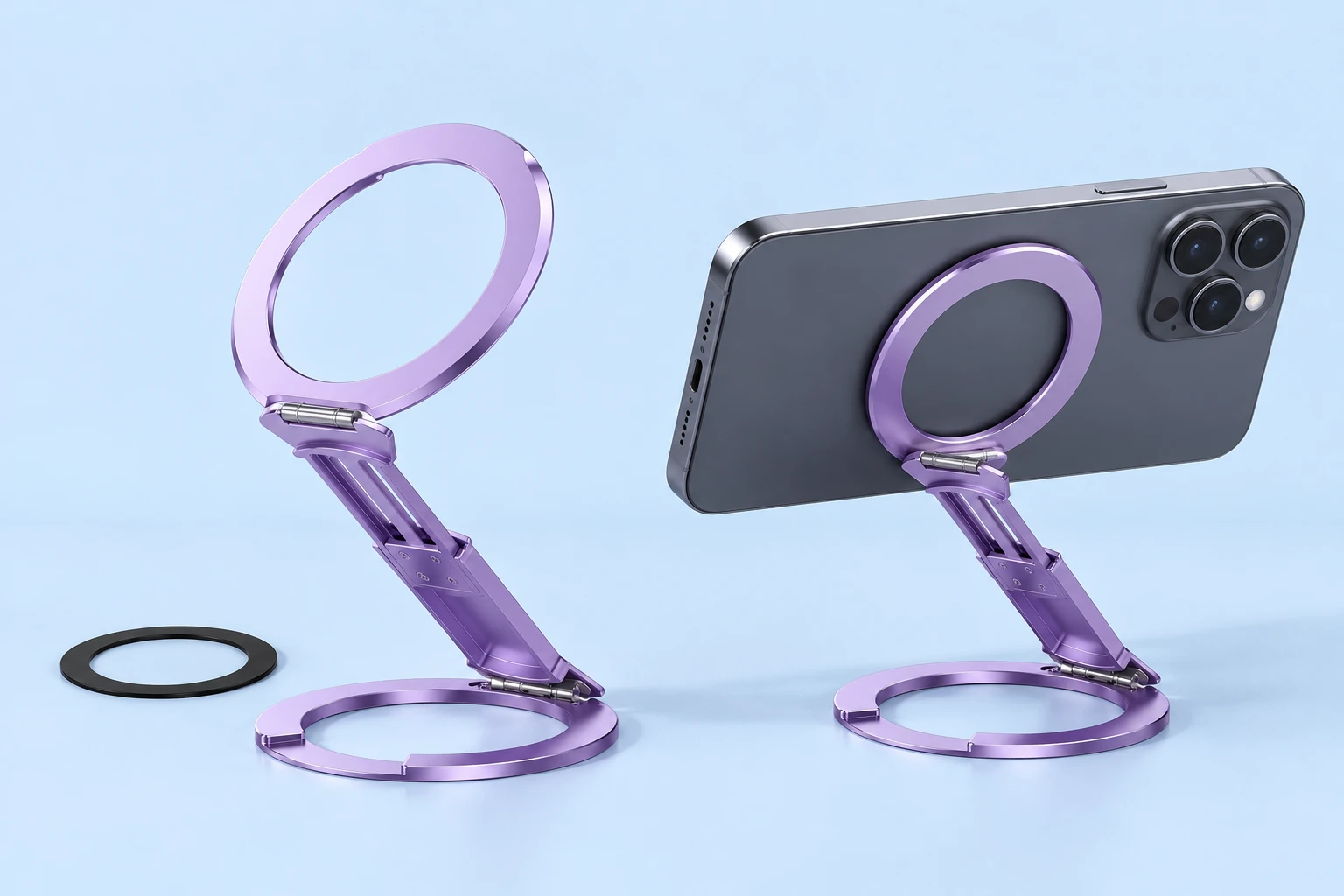 Complete lilac dual-ring magnetic phone stand with original slotted telescoping bridge and supplied receiver ring at left; the same stand supports a landscape demonstration phone from its rear center at right on pale blue.