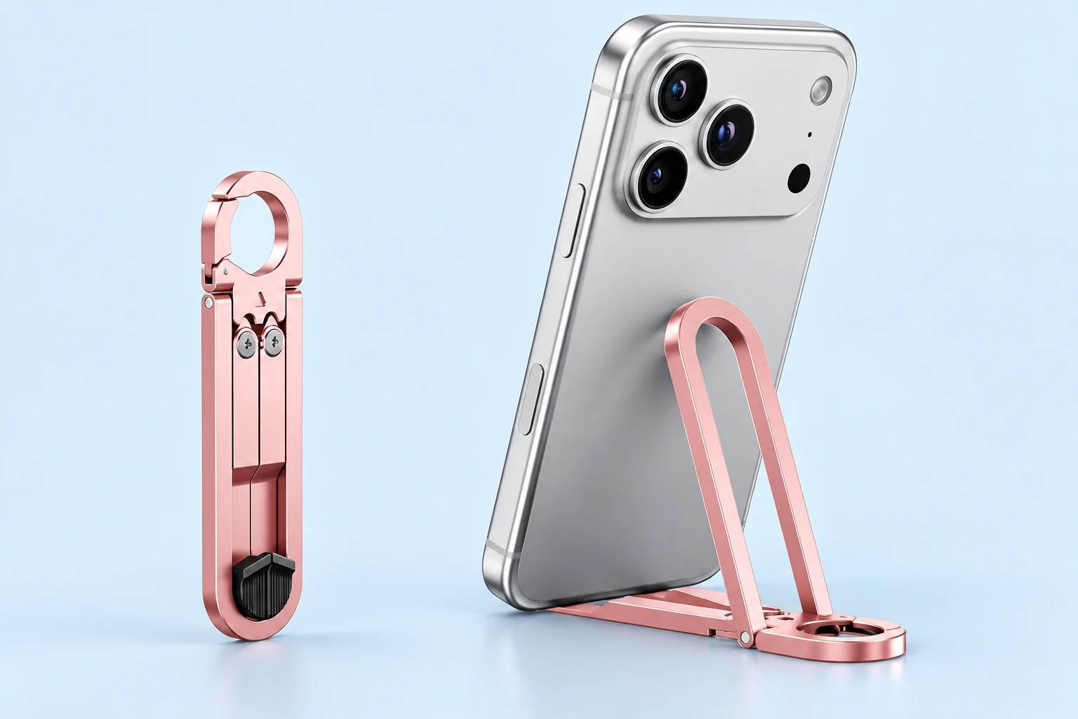 Pink oval-loop folding keychain phone stand shown folded and supporting a phone on its split rails