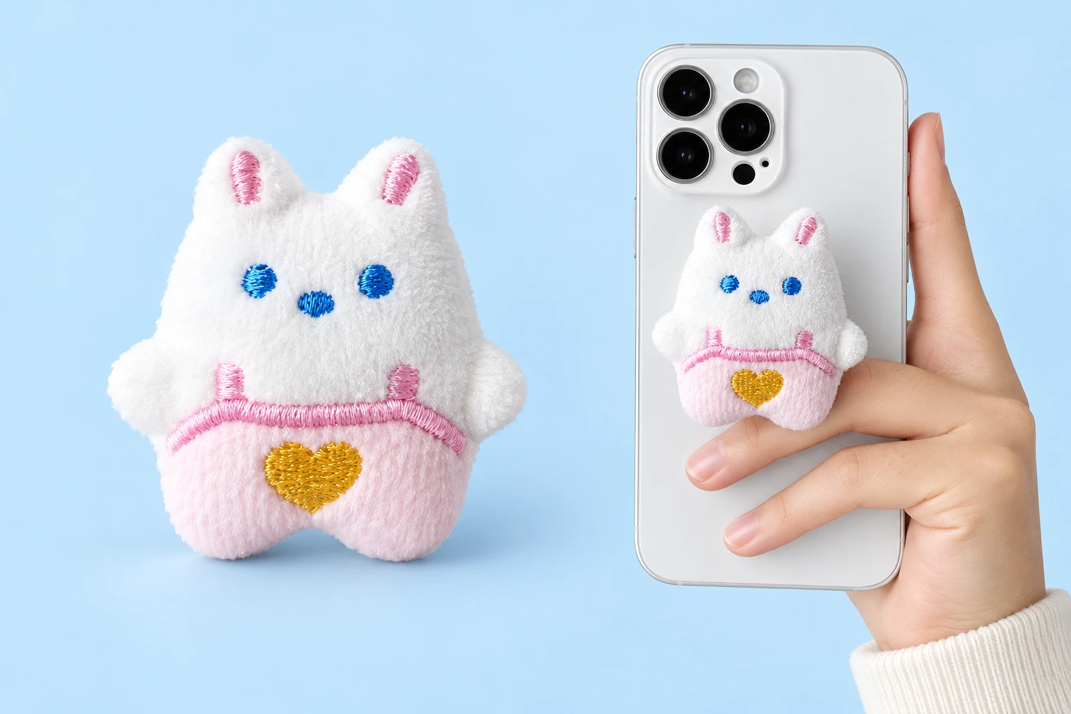 White plush bunny phone grip in pink heart overalls with illustrative closed phone mounting