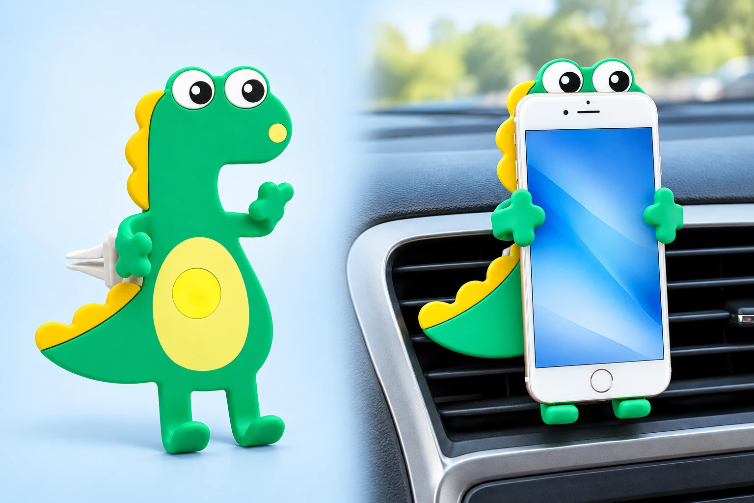 Green dinosaur car vent phone holder, complete holder with rear clip left and portrait phone in a car vent right; phone not included