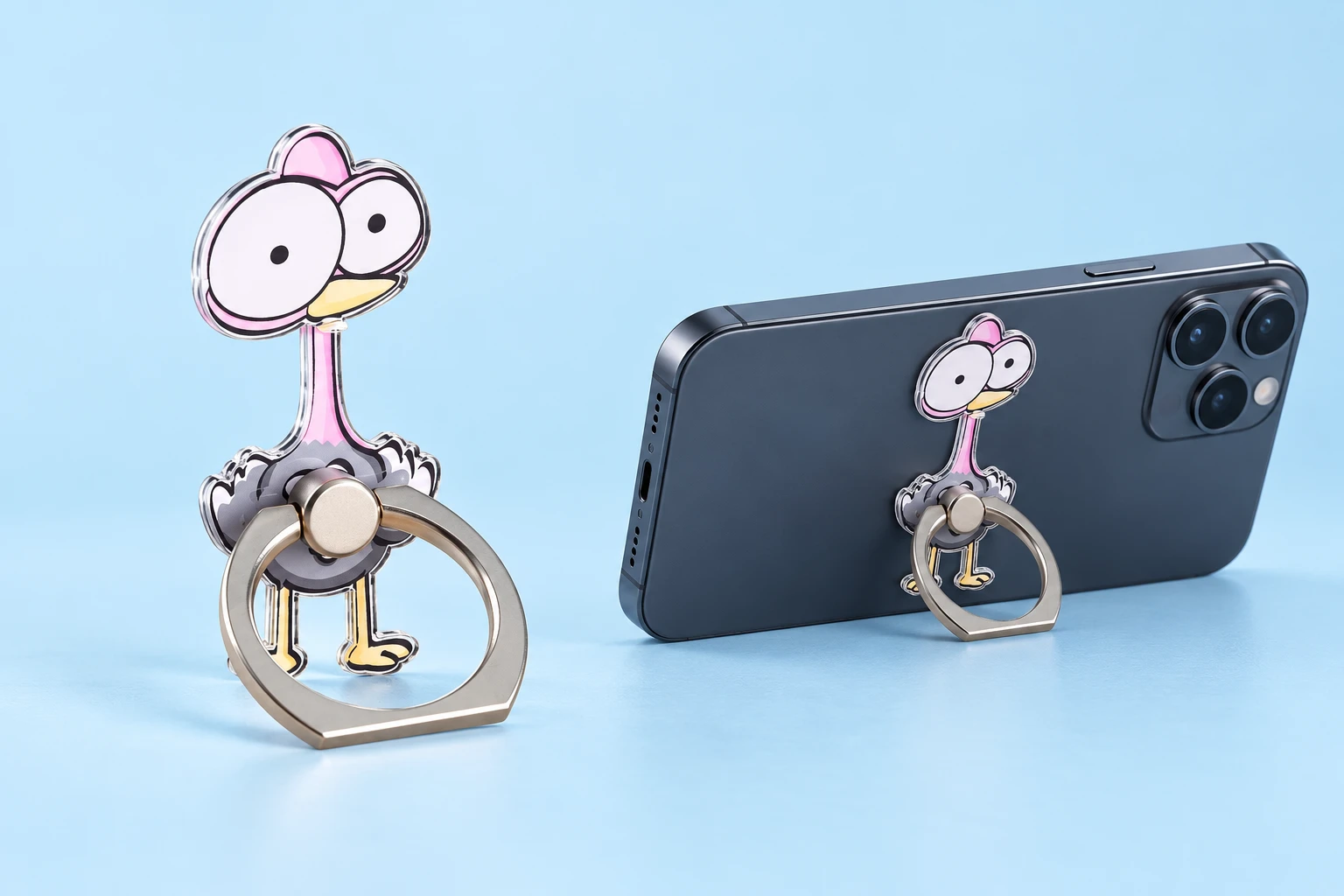 Ostrich Phone Ring Holder shown complete with illustrated phone use