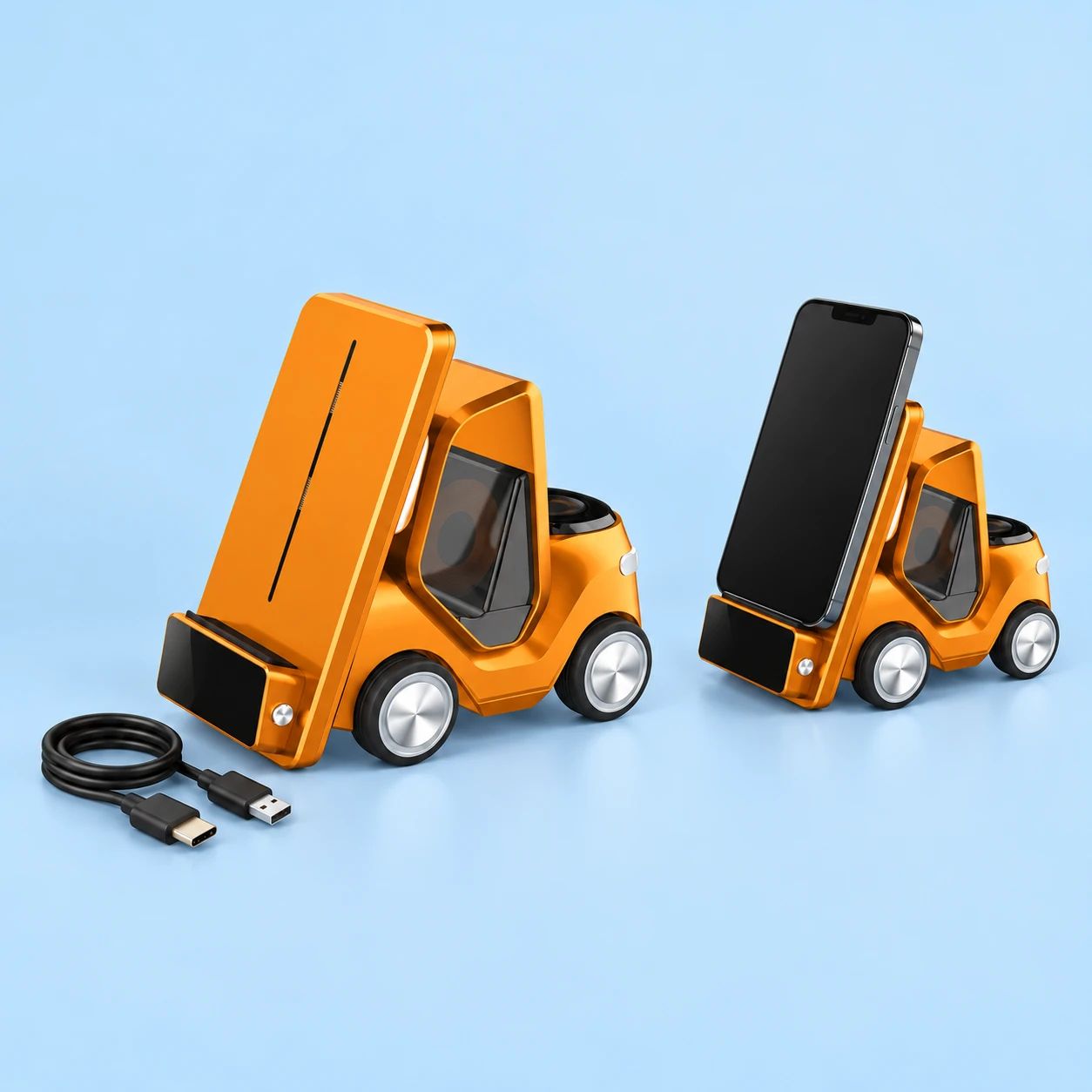 Orange Little-Car Wireless Charging Phone Stand with Cable