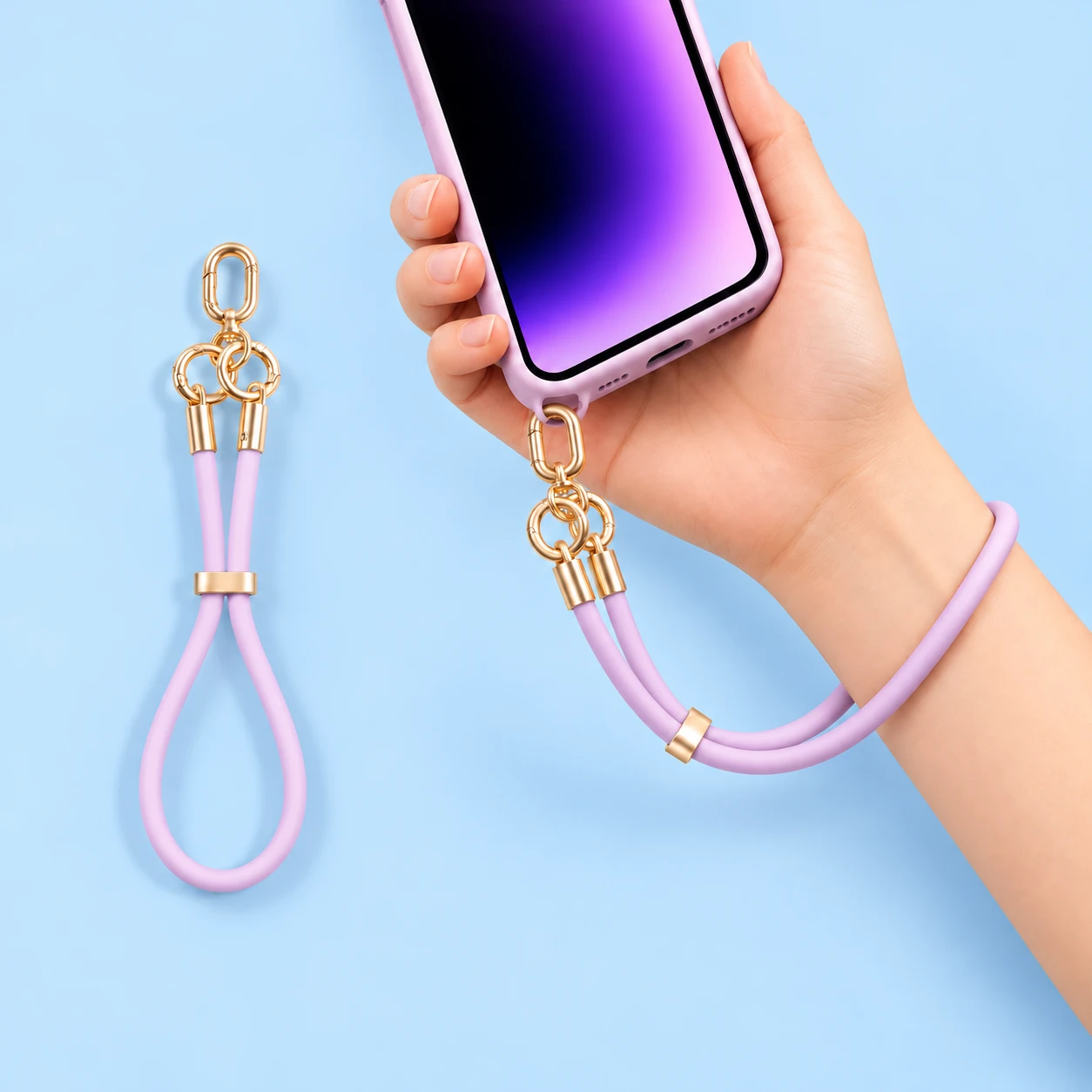 Lilac silicone wrist phone lanyard with gold-tone slider and clasp, shown alone and connected to a case eyelet, square composition
