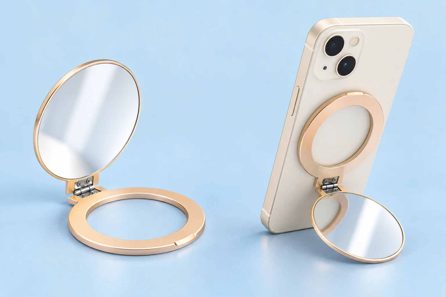 Rose-gold hinged mirror-disc magnetic phone kickstand, isolated and in portrait support use