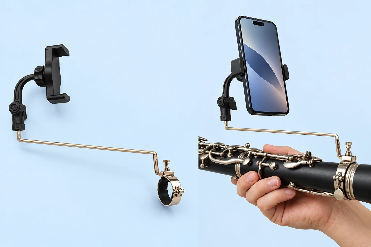 Silver Cranked-Rod Clarinet Phone Holder; product and illustrative use on pale blue. Phone and scene props excluded.