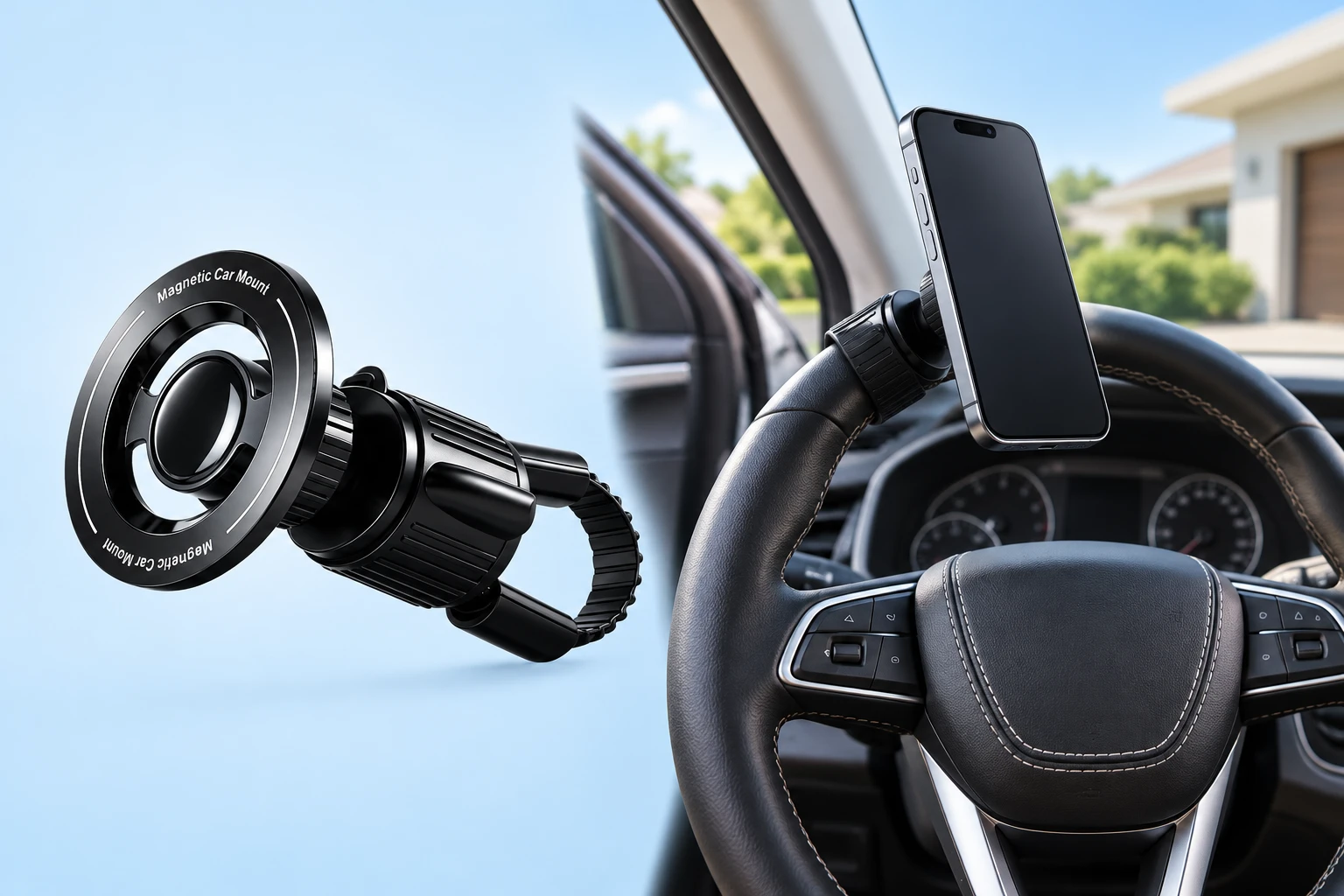 Black YD-961 Ribbed-Strap Magnetic Wheel Phone Holder