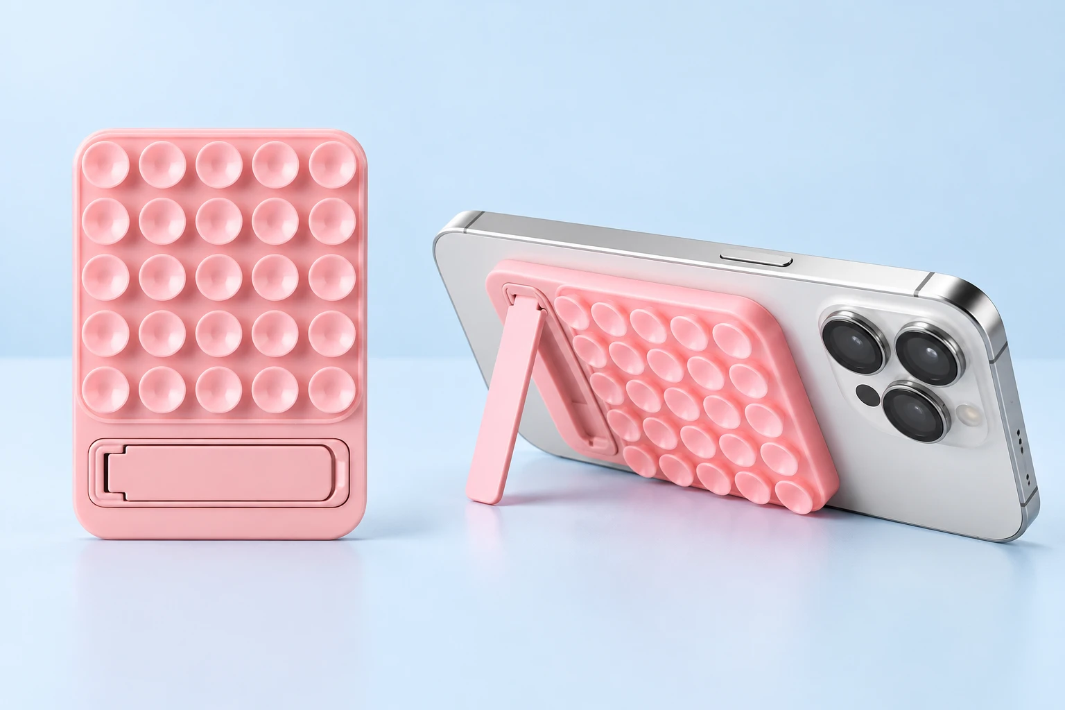 Pink suction phone pad with folding kickstand shown complete and supporting a landscape phone